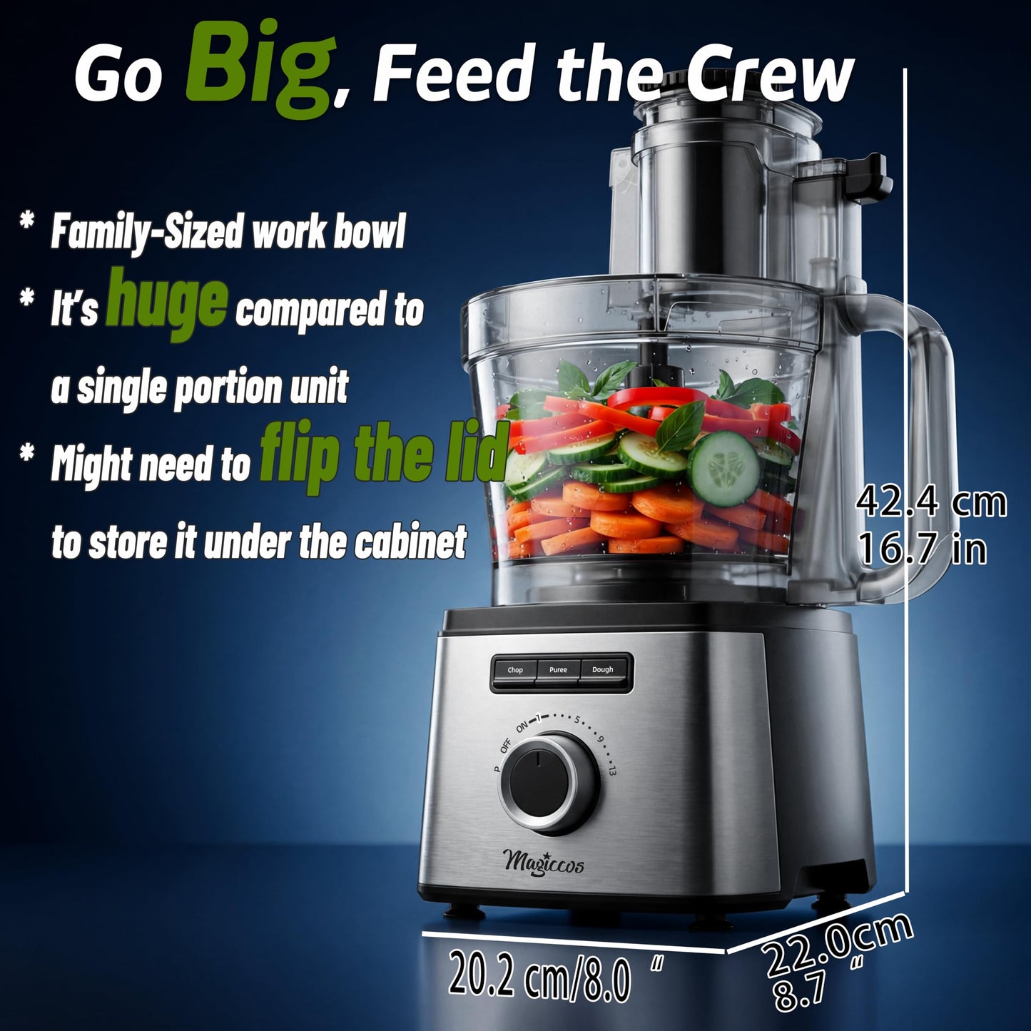Magiccos 14 Cup Food Processor - Lemon Slicer, XL Bowl & Large Feed Chute, 13 Speeds & Pulse, 3 Programs, French Fry Cutter, Chop Slice Shred & Mix for Vegetables Cheese Meat, Meal Prep & Family Use