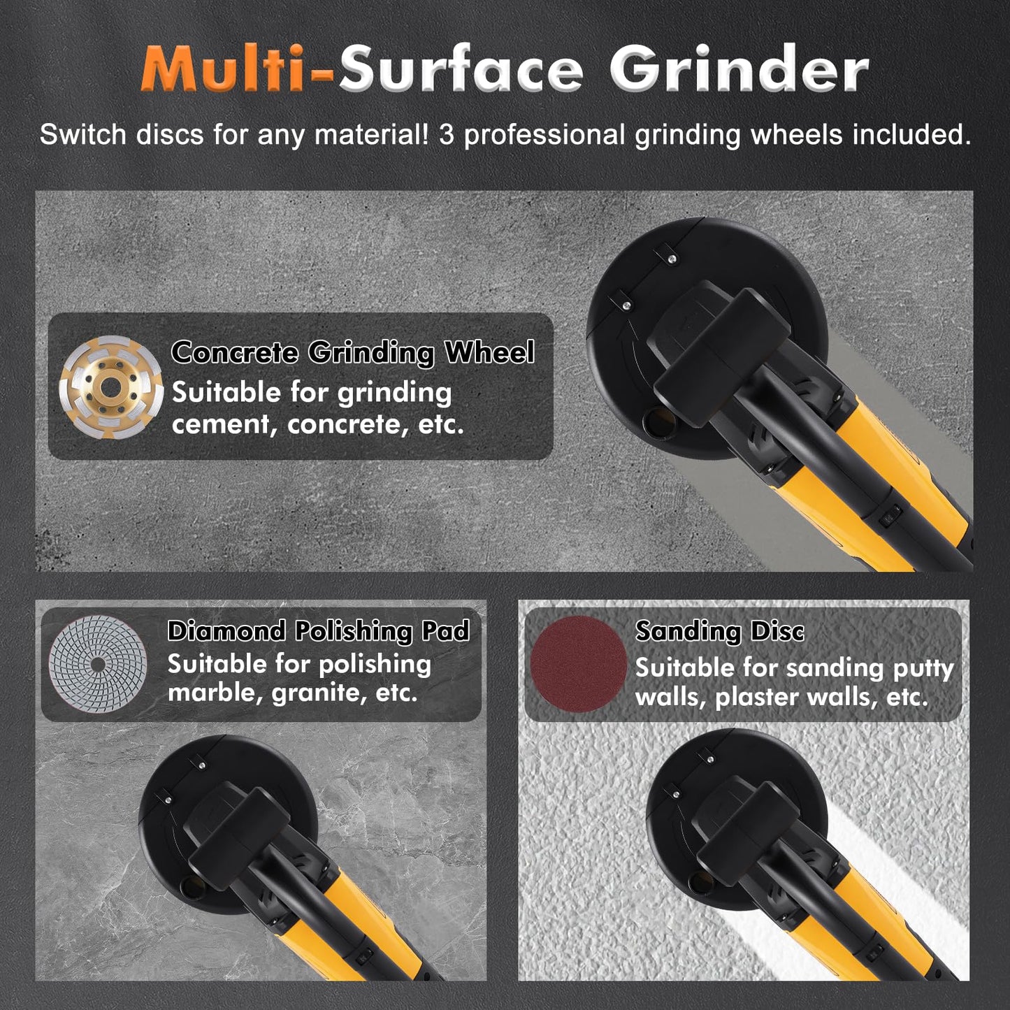 7 inch Concrete Grinder Set 3800W Concrete Surface Planer Concrete Floor Grinder with Dust Extraction Shroud Auxiliary Wheels for Grinding Concrete Cement Marble