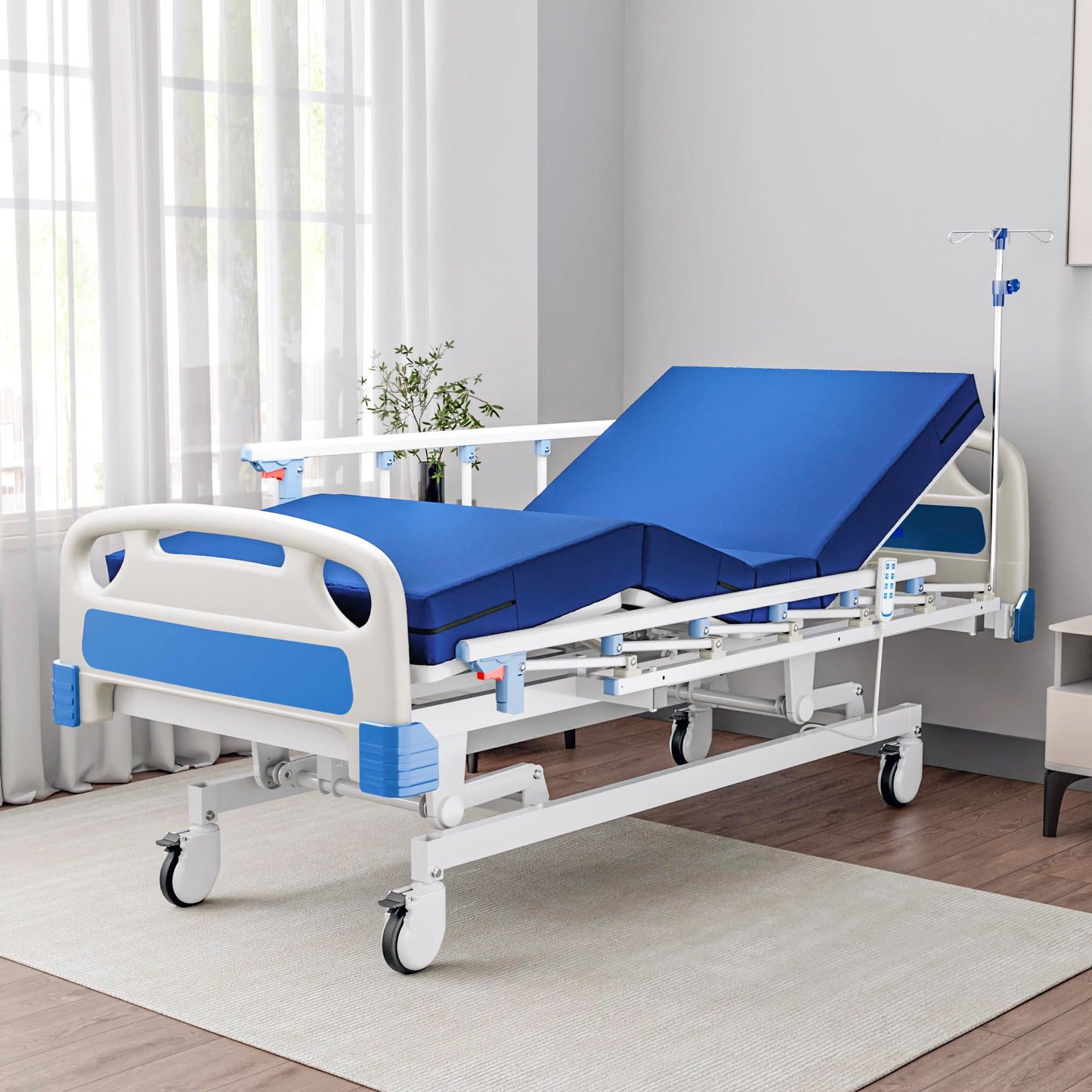 Fuzren Premium Full Electric Hospital Bed for Home Use, 3 Function Medical Bed with 4.7” Foam Mattress, Height Adjustable, Individual Locking, Includes Tray and Sheets (2X) (3 Function)