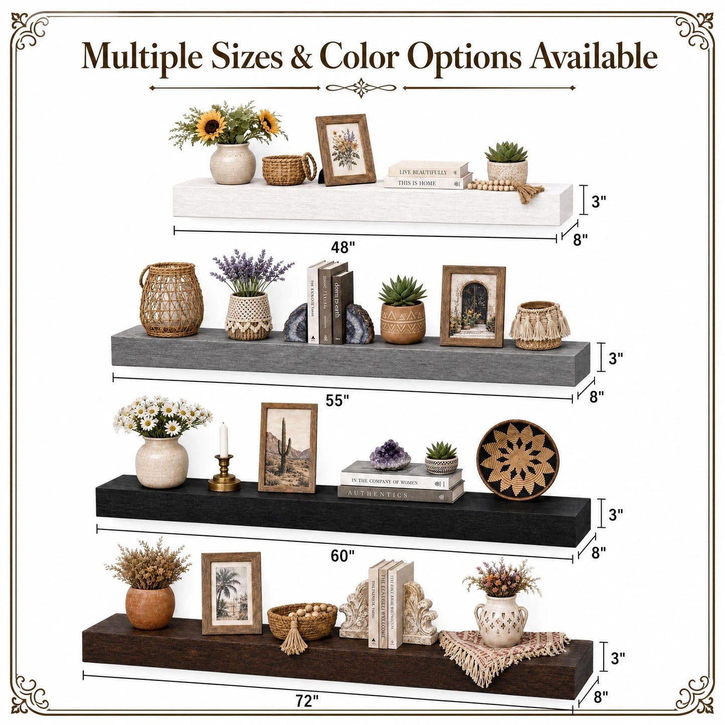 SAUMONIERES Fireplace Mantel Shelves 72 Inch Solid Wood Wall Mounted Long Floating Shelf Hollow, Brown