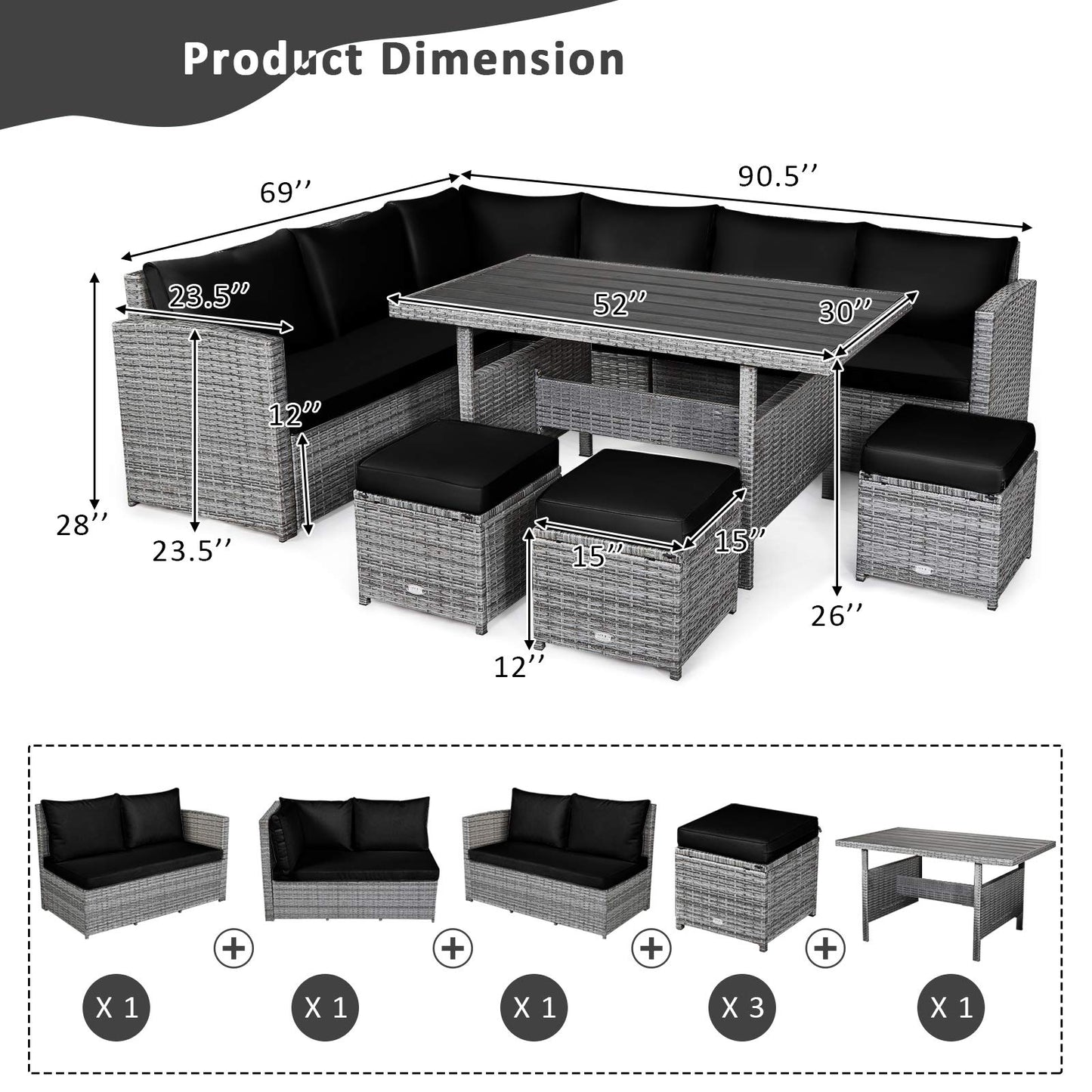 Tangkula 7 Pieces Patio Furniture Set, Outdoor Sectional Rattan Sofa Set with Cushions, All Weather Wicker Conversation Couch Set w/Dining Table & Ottomans for Backyard Garden Poolside, Black