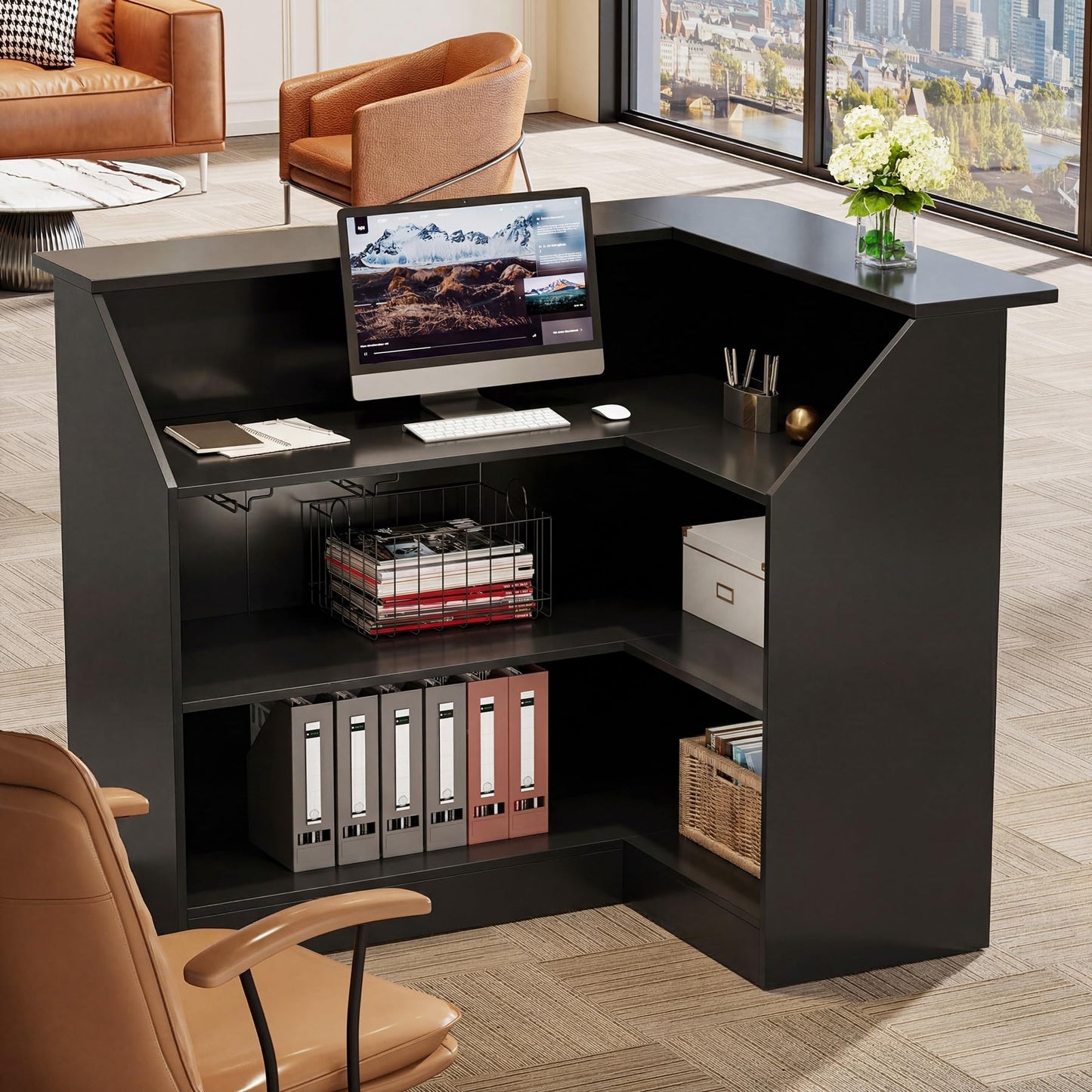 Tribesigns L-Shaped Reception Desk, Modern Black Front Counter with 2-Tier Storage & Stemware Rack, Elegant Office Reception Desk for Lobby, Business Area