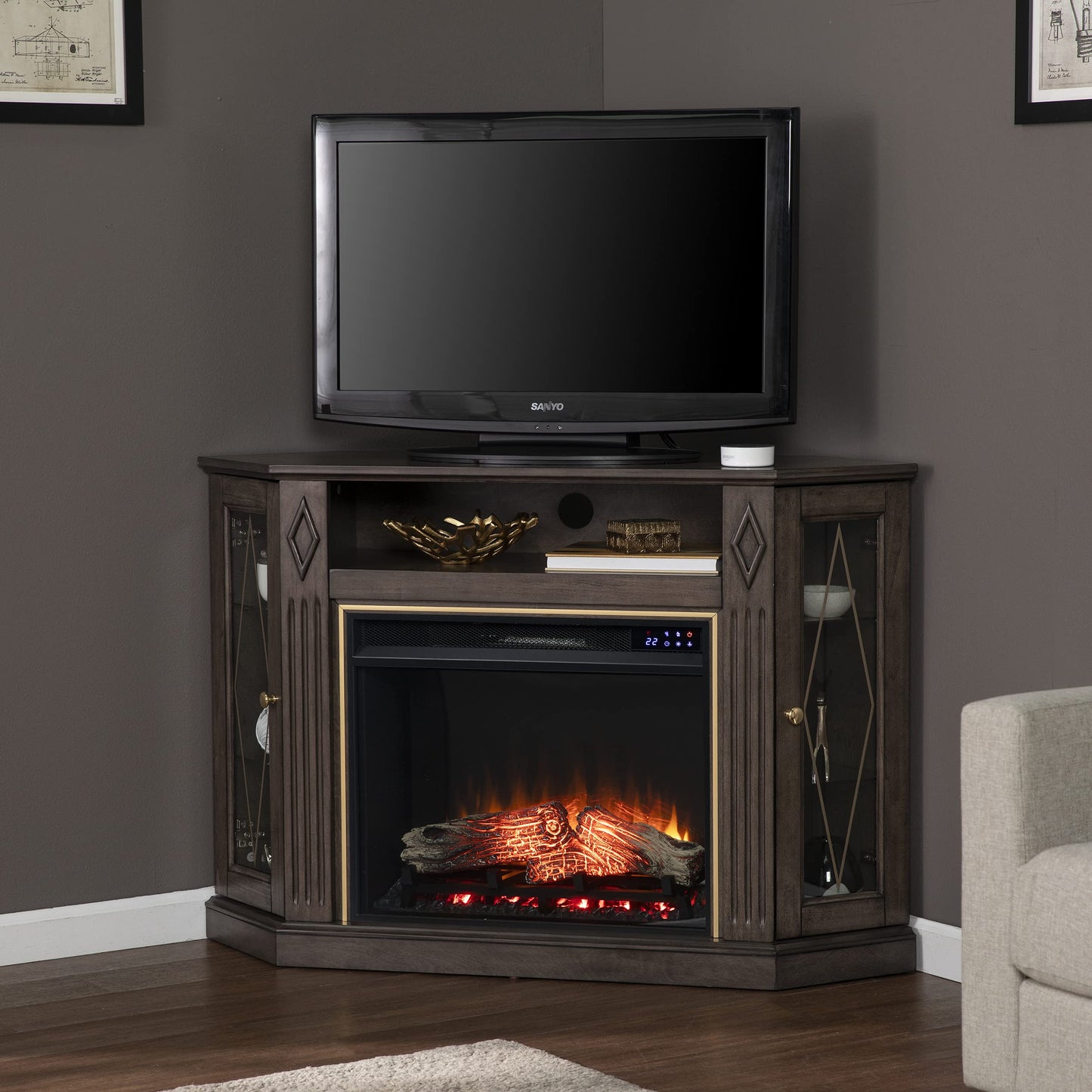 SEI Furniture Austindale Electric Fireplace Corner TV Stand for TVs up to 45 Inches, Touch Screen Control Panel, Brown