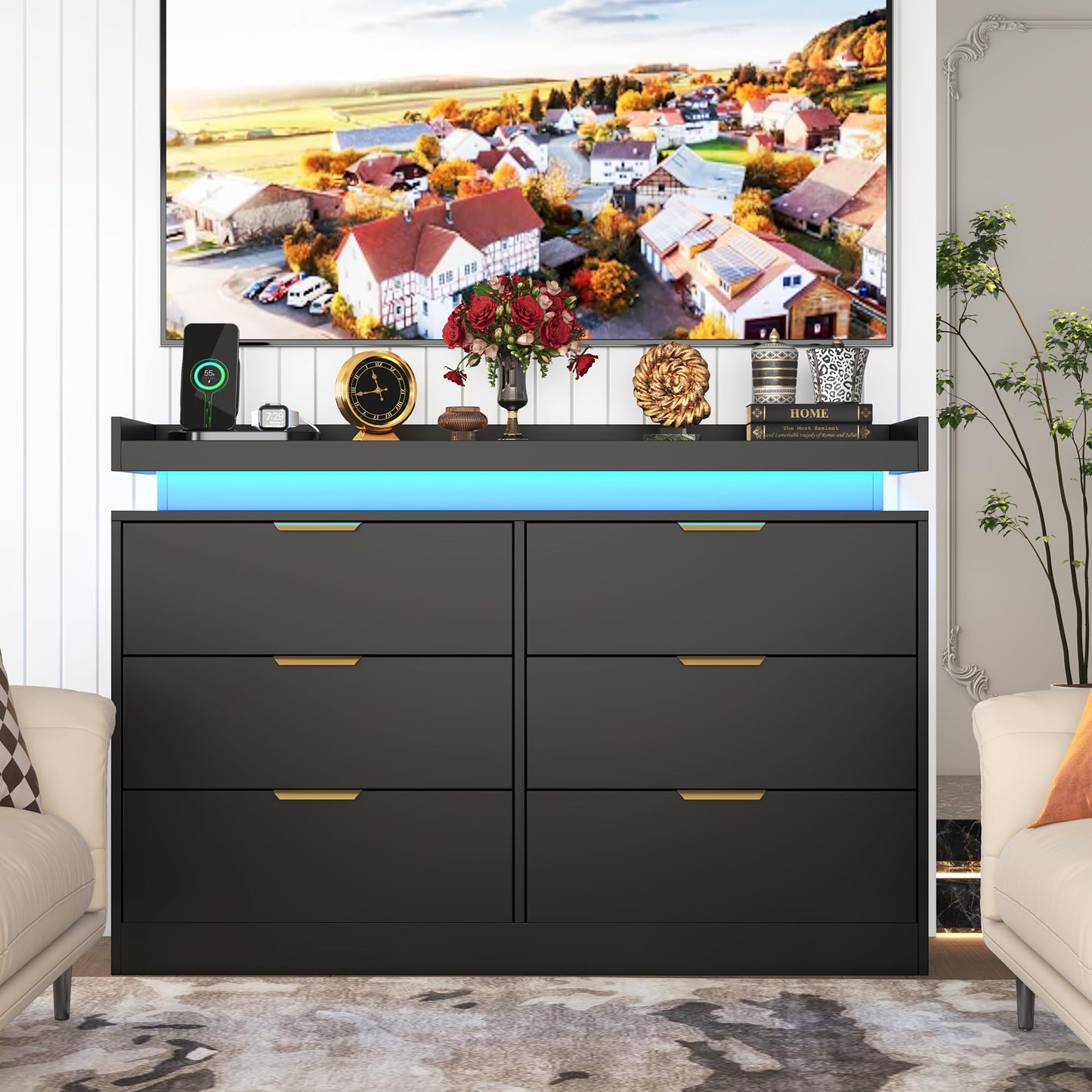 6 Drawer Dresser for Bedroom, Black Dresser with LED Lights and Power Outlet, Modern Chest of Drawers for Closet, Double Wide Drawer Organizer Cabinet for Bedroom, Living Room, Entryway, Hallway