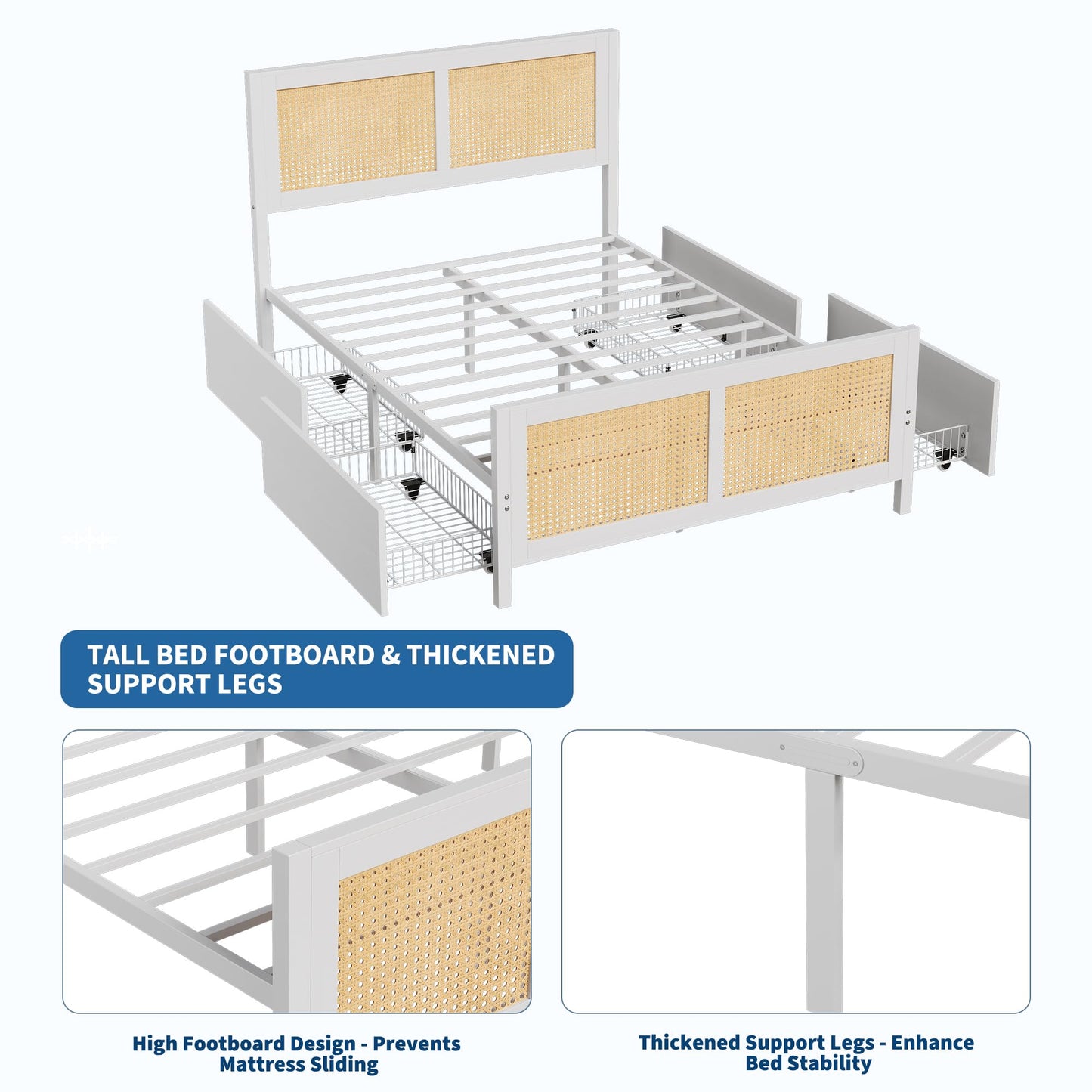 GarveeHome White Rattan Bed Frame with Headboard, Boho Cane Platform Full Size Bed Frame with 4 Drawers, Strong Metal Slats Support, Noise Free, No Box Spring Needed