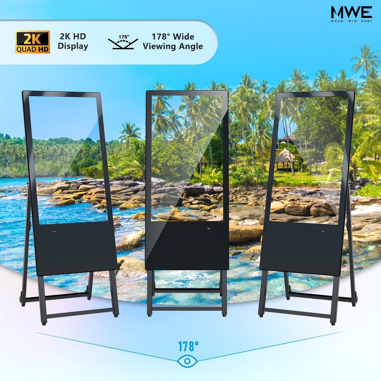 JIYANG 32 Inch Indoor Digital Signage Display,Floor Standing Advertising Digital Kiosk with Wheels,Portable LCD Poster Totem Support HDMI Input,Split Screen,Timed Open/Off,Android System