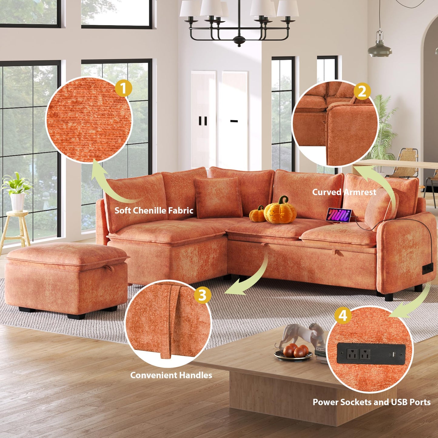 ERYE 82.5-Inch Left Facing Corner Sleeper Sectional Sofa Bed for Living Room Office,L-Shaped Chenille Upholstered Convertible Pull Out Sleeper Couch Bed W/Storage Ottoman