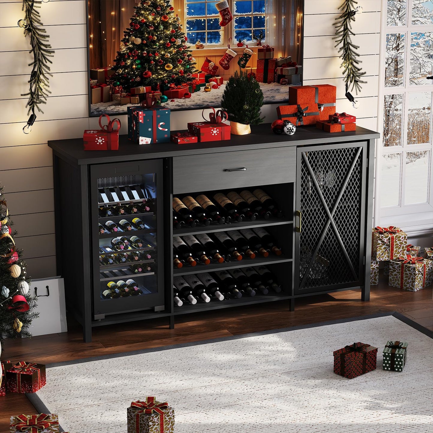 71'' Coffee Bar Cabinet Liquor Wine Bar Sideboard Buffet with Fridge Space