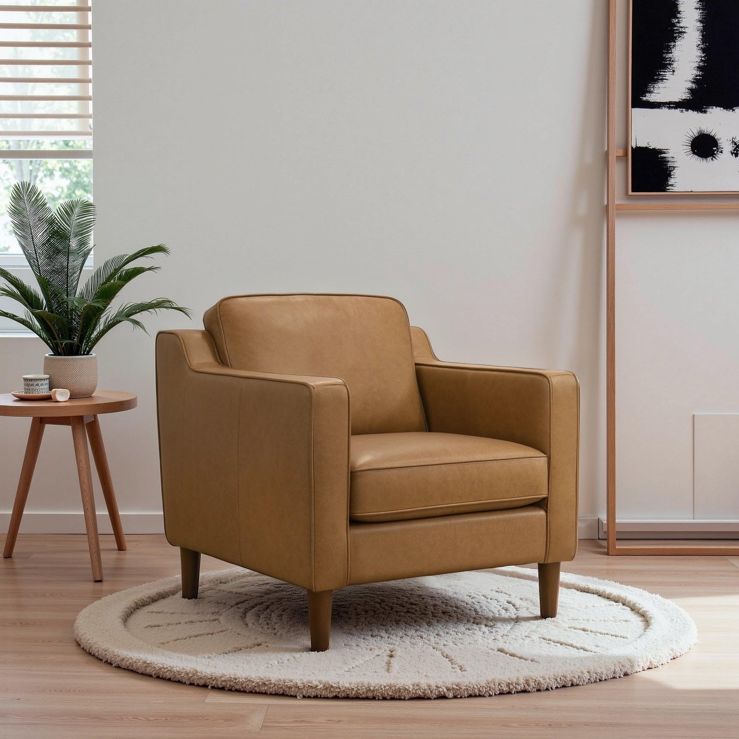 GDFStudio Cooper 32.7" Mid-Century Modern Genuine Leather Accent Chair, Top Grain Buffalo Leather Lounge Chair with Track Armrests & Walnut-Finished Legs for Living Room Bedroom Reading Room, Tan