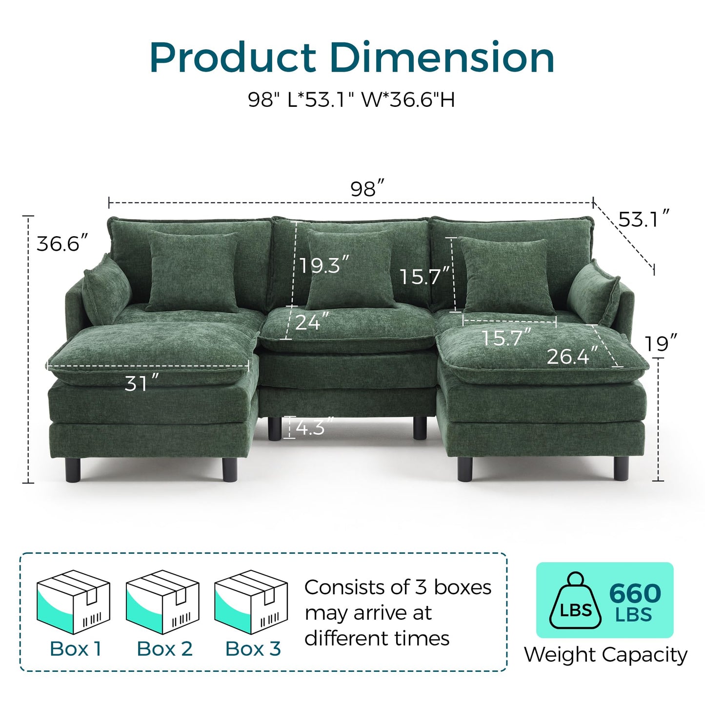 LINSY HOME 98'' Modular Sectional Sofa 3 Seat Couch Chenille Cloud Couch with Deep Seat, U Shaped Couch with 2 Movable Ottoman for Living Room, Office, Bedroom, Green(Pillows Included)