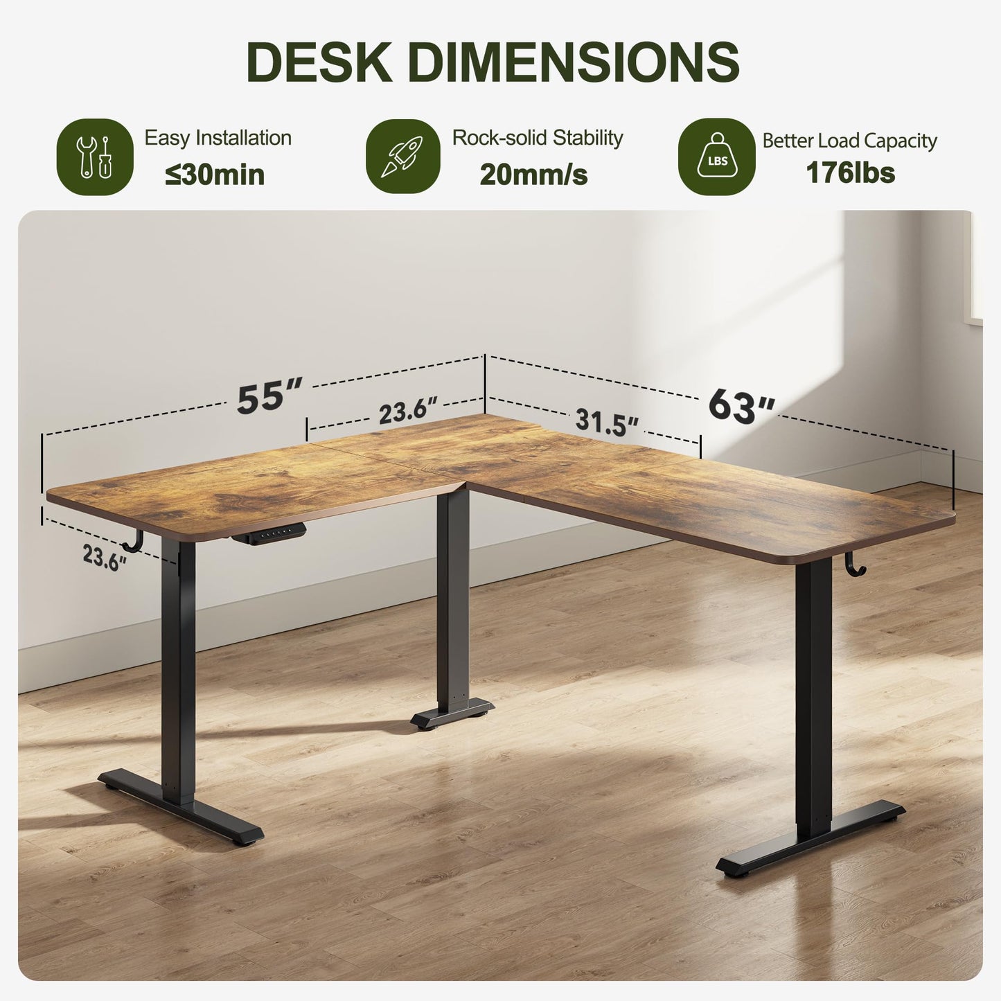 BANTI L-Shaped Standing Desk - 63 x 55 Inch Adjustable Corner Standing Desk with Charging Station - L Shape Sit Stand Table with Memory Controller, Splice Board for Home Office, Rustic Brown