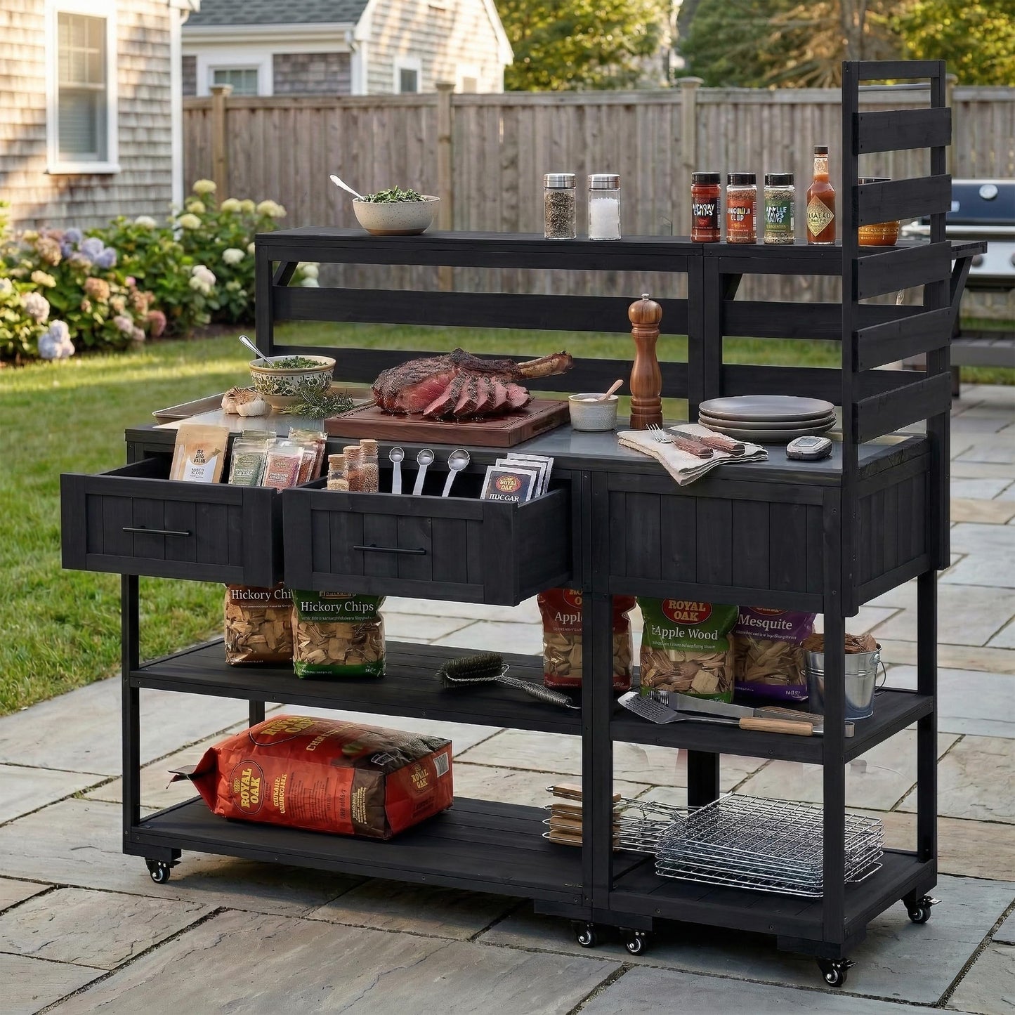 Merax 62.3'' Outdoor Mobile Kitchen Island on Wheels with Stainless Table Top, Outdoor Prep Cart Grill Table with Raised Shelf and Drawers for BBQ, Party, Black