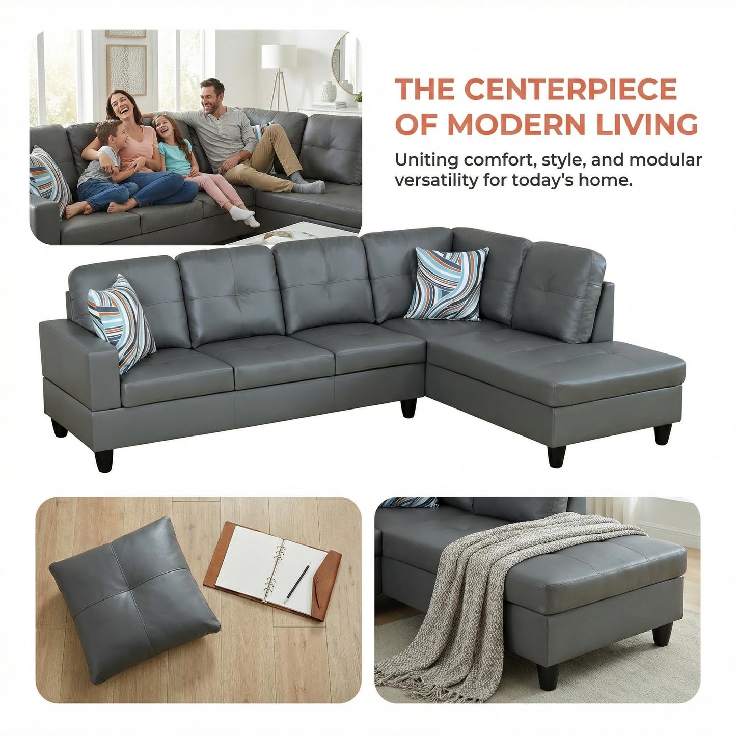 NicBex Leather 103.5" Sectional Couches for Living Room, 2-Piece L-Shaped Sectional Couch with Movable Lounge Chaise, Multi-Scene Use for Apartment & Office, Dark Grey
