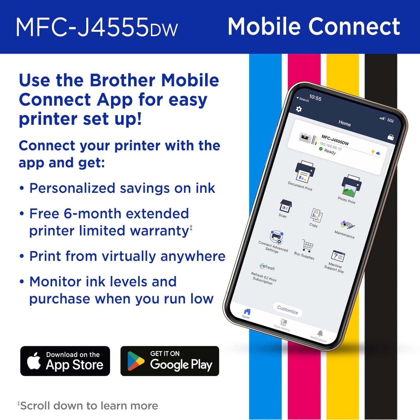 Brother INKvestment 4555 Wireless Color Inkjet All-in-One Printer with 2.7” Color Touchscreen and 2 Paper Trays | Includes Refresh Subscription Trial(1) (MFC-J4555DW)