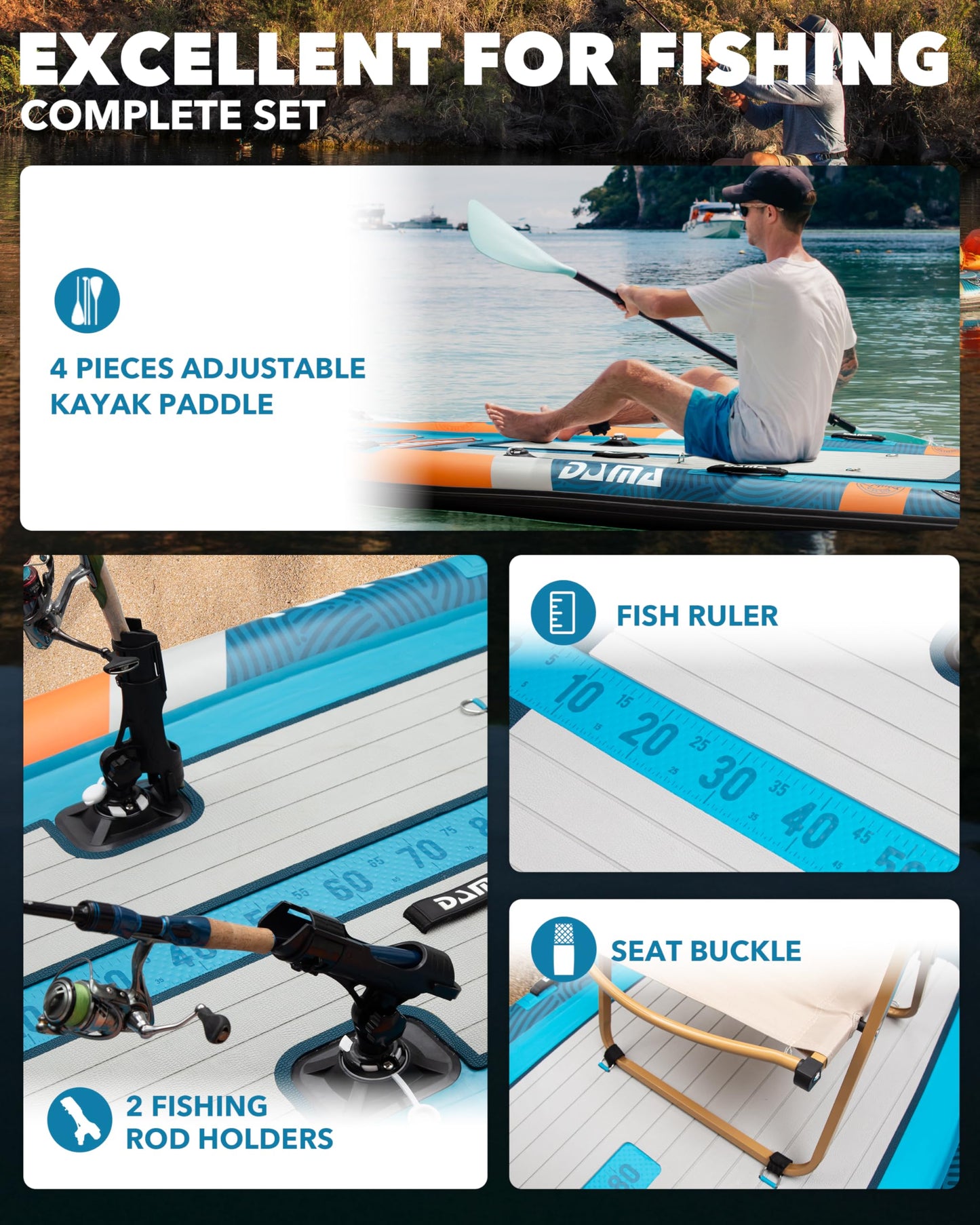 DAMA Triple Chamber SUP Inflatable Stand Up Paddle Board 10'8"*47", Extra Wide Paddle Boards for Adults, Fishing Paddle Board with 3 Removable Fins, 2 Fishing Rod Holders, Kayak Paddle,Portable Bag