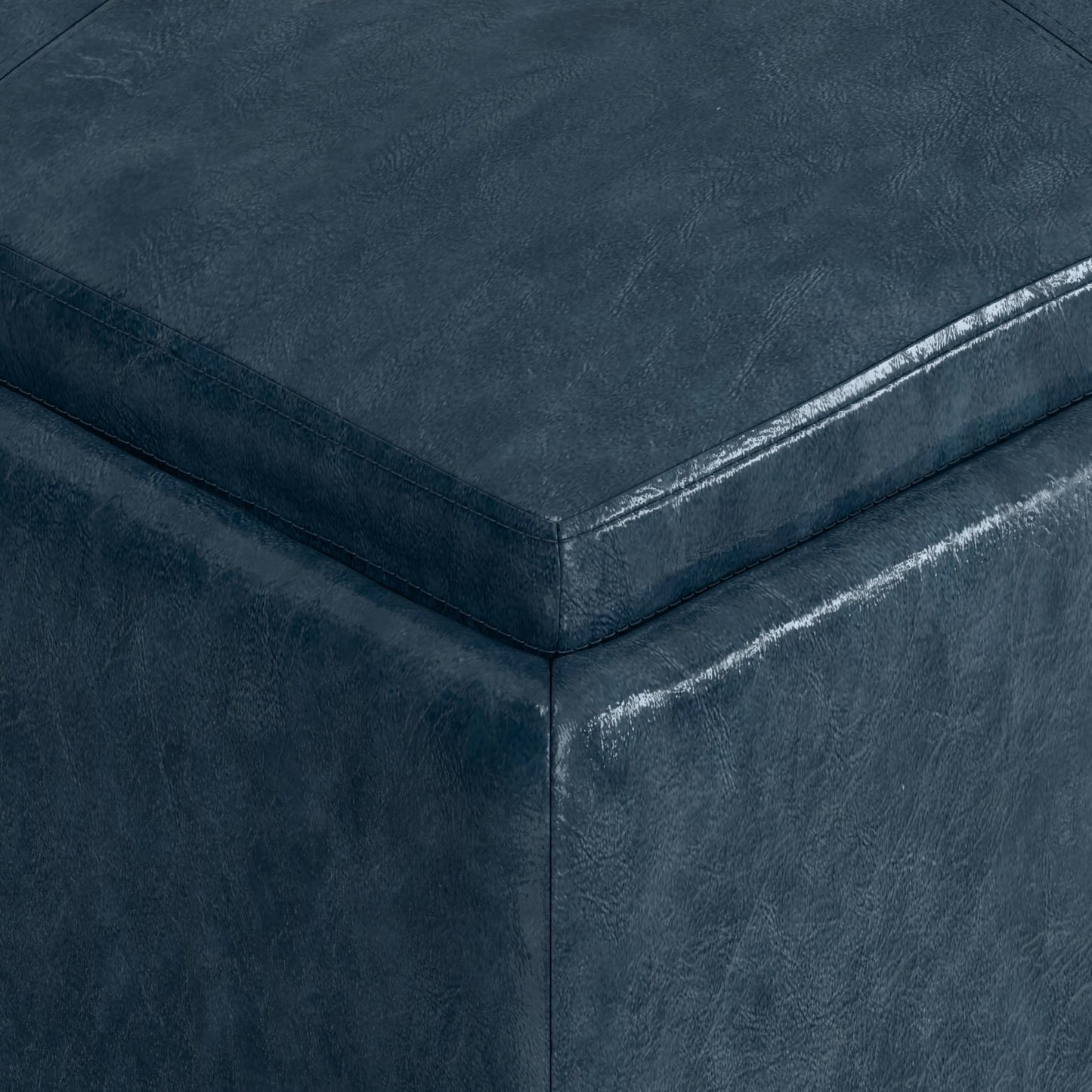 SIMPLIHOME Avalon 35 inch Wide Contemporary Square Coffee Table Storage Ottoman in Denim Blue Vegan Faux Leather, Assembled, For the Living Room and Bedroom