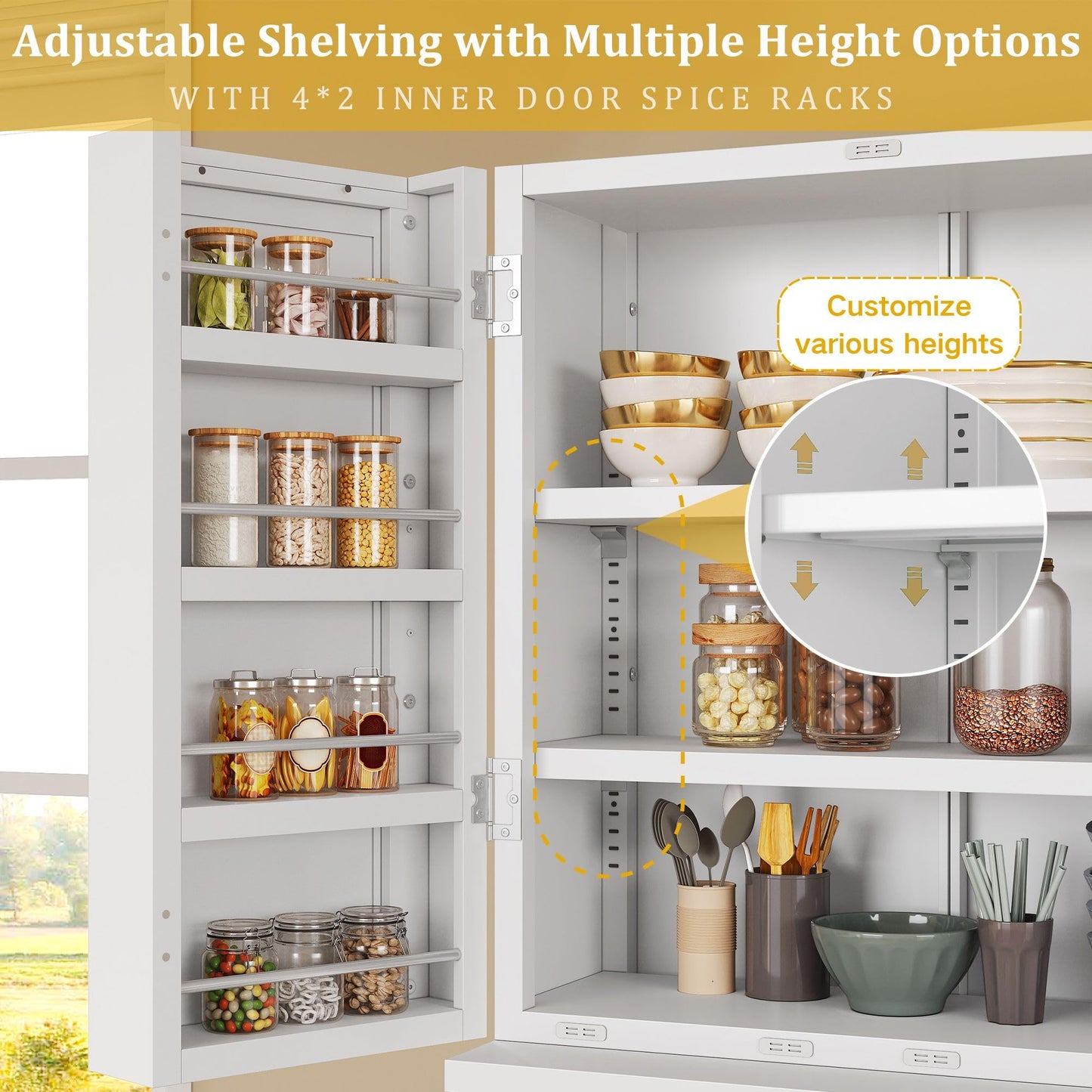 DWVO Metal Storage Cabinet, 71" Kitchen Pantry Cabinet with 4 Door & 4 Adjustable Shelves & Drawer & Door Rack, 6-Tier Tall White Steel Cabinets for Kitchen, Living Room, Dining Room