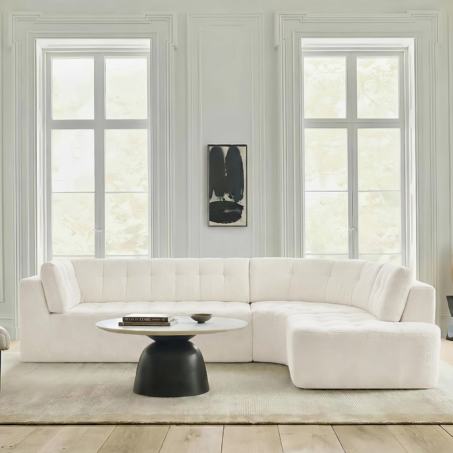Merax 119" L-Shaped Curved Sectional Sofa Set | 4 Seat Modern Minimalist Tufted Cloud Couch with Chaise Lounge | Fully Upholstered Arms | Right-Hand Facing Foam | No-Tools Assembly, Beige