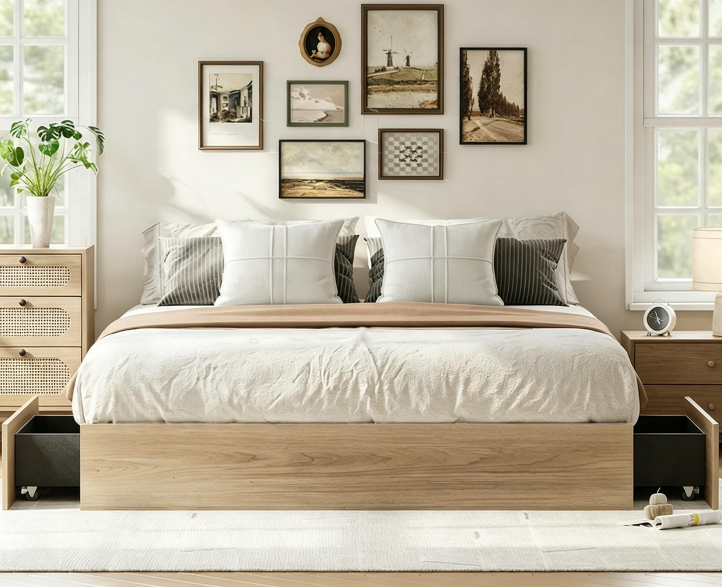 IDEALHOUSE Queen Bed Frame with 2 Storage Drawers, Wooden Bed Frame Without Headboard, Minimalist Floor Platform Bed, Wood Slat Support, Noise Free, No Box Spring Needed, Easy Assembly