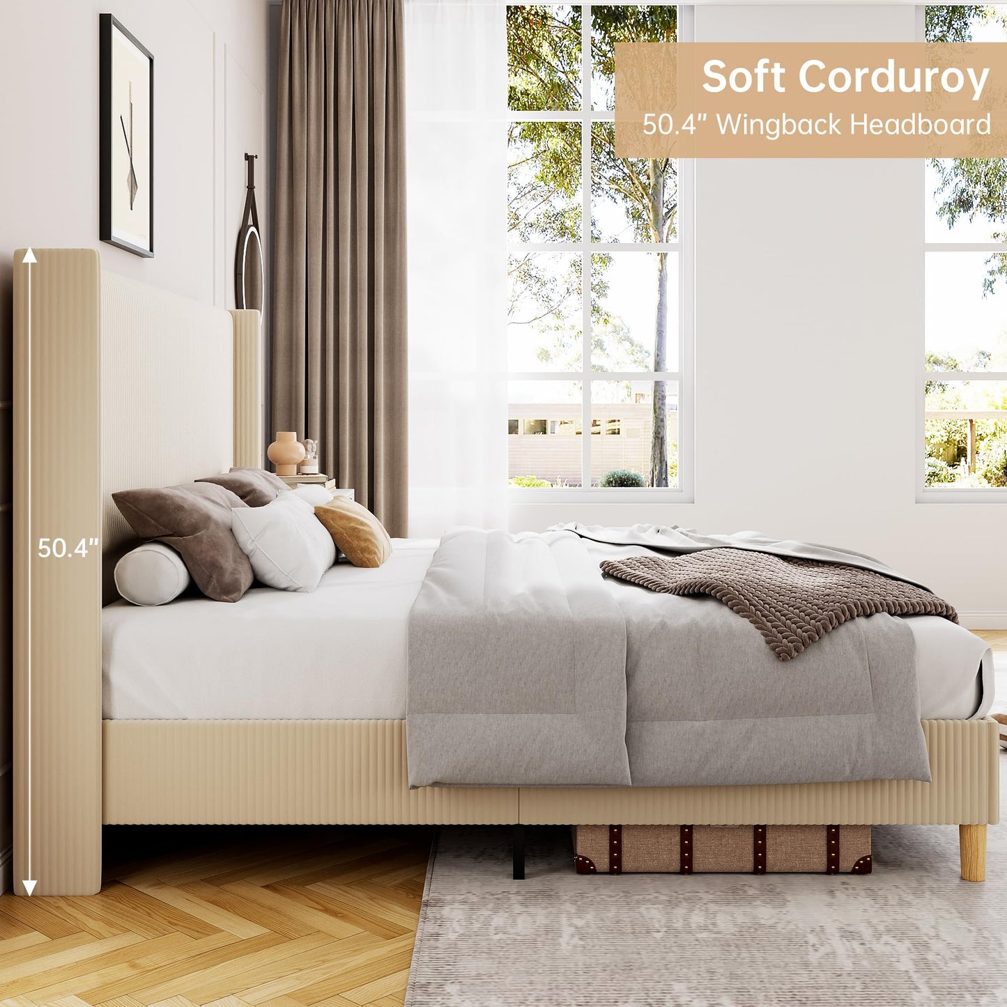 IDEALHOUSE Queen Size Upholstered Bed Frame with Channel Tufted Wingback Headboard, Wooden Slat Support, Noise-Minimizing Design, No Box Spring Needed, Beige