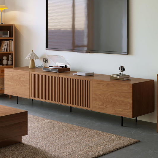 DinaiteEain Mid Century Modem TV Stand for 80 Inch TVs and Larger, Walnut Entertainment Center with 4 Doors, Large Storage &Cable Management, Media Console for Living Room (94.48 Inches)