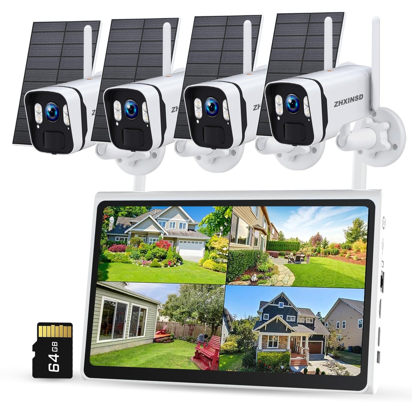 ZHXINSD 4MP Solar Powered Security Camera Outdoor Wireless System with 10" Monitor, 5G/2.4G WiFi 4PCS Outdoor Battery Camera with Solar Panel10CH Home Security System AI Human Detection 2-Way Audio