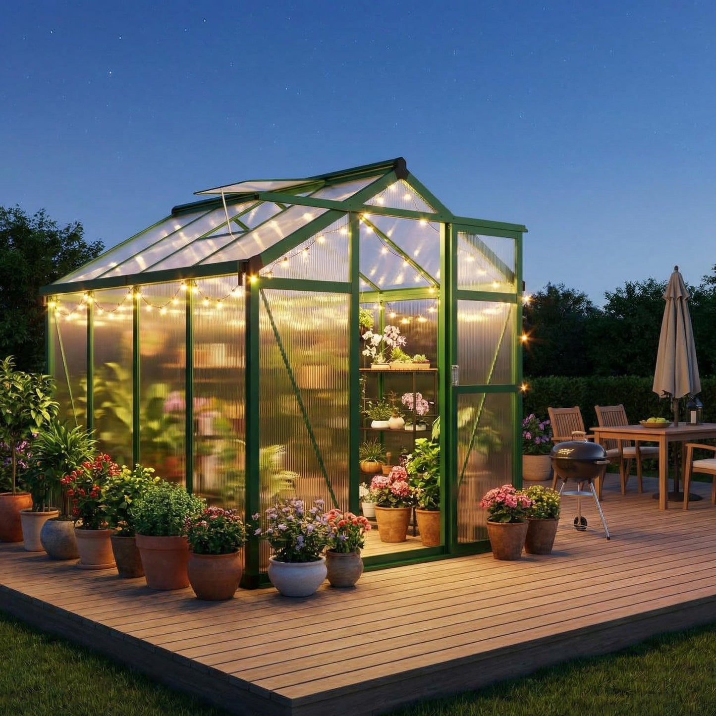 6x8 FT Greenhouse, Polycarbonate Walk-in Greenhouse for Outdoors with Roof Vent & Lockable Smooth-Gliding Sliding Door, Heavy-Duty Aluminum Green House for Garden, Backyard, Patio, Lawn, Deep Green