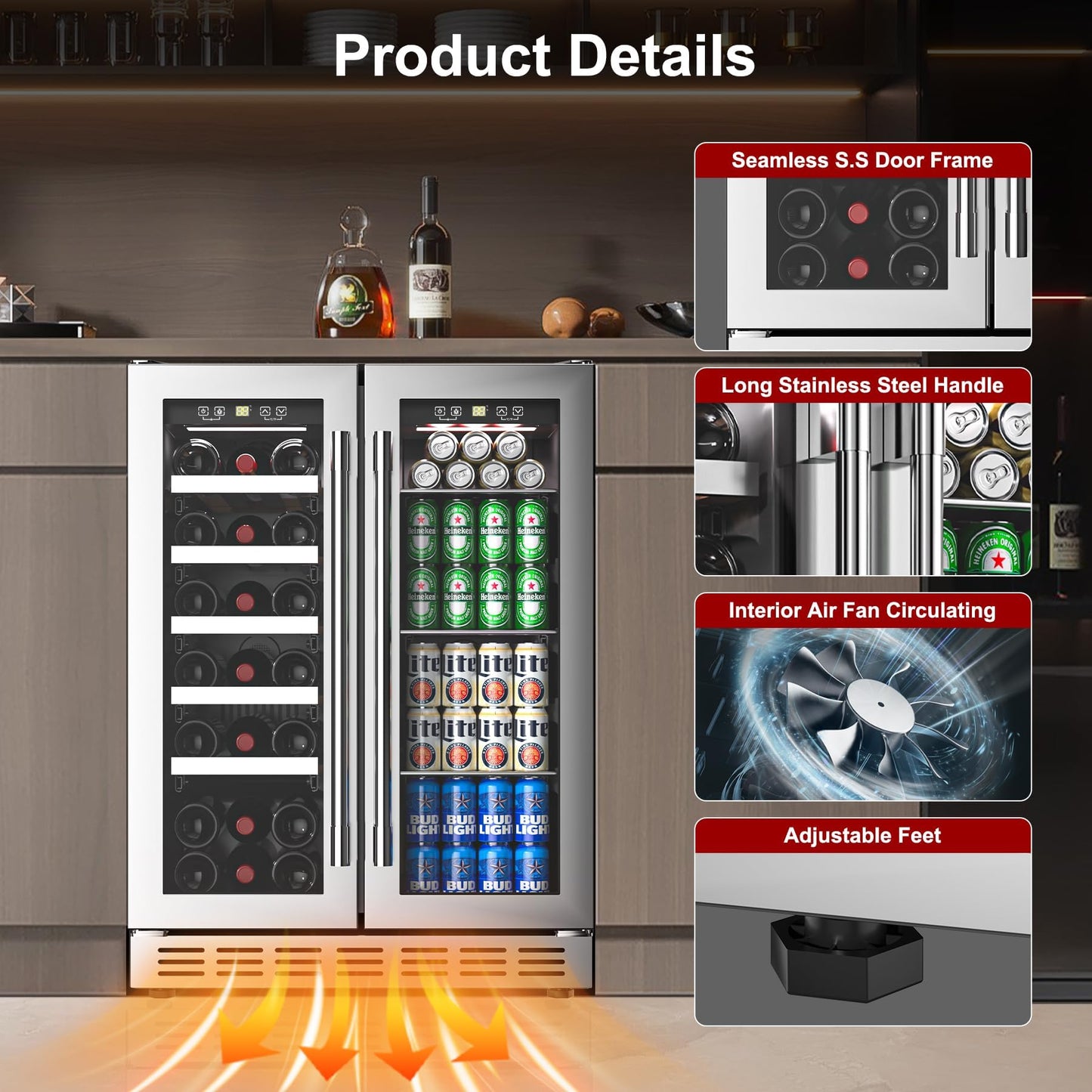 Rockitch 24" W Dual Zone Wine and Beverage Refrigerator, Built-in or Freestanding Wine Beverage Cooler with Stainless Steel Glass Door, 20 Bottles and 63 Cans Under Counter Fridge for Home Bar Office