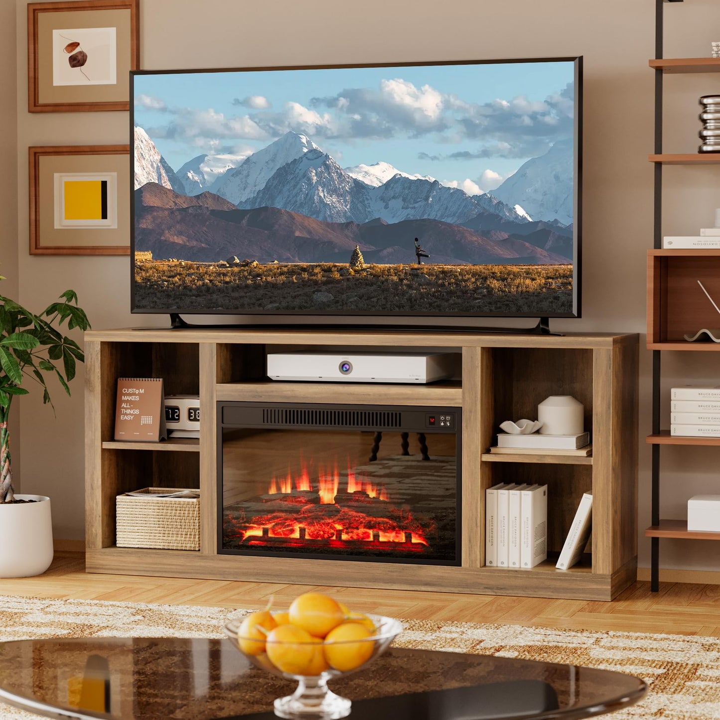 YESHOMY Electric Fireplace TV Stand for Televisions up to 65+ Inch, Mid Century Modern Media Entertainment Center Console Table with Four Open Storage Shelves & Cabinets, 58 Inch, Yelloe Barnwood