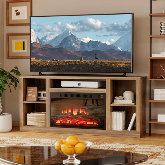 YESHOMY Electric Fireplace TV Stand for Televisions up to 65+ Inch, Mid Century Modern Media Entertainment Center Console Table with Four Open Storage Shelves & Cabinets, 58 Inch, Yelloe Barnwood