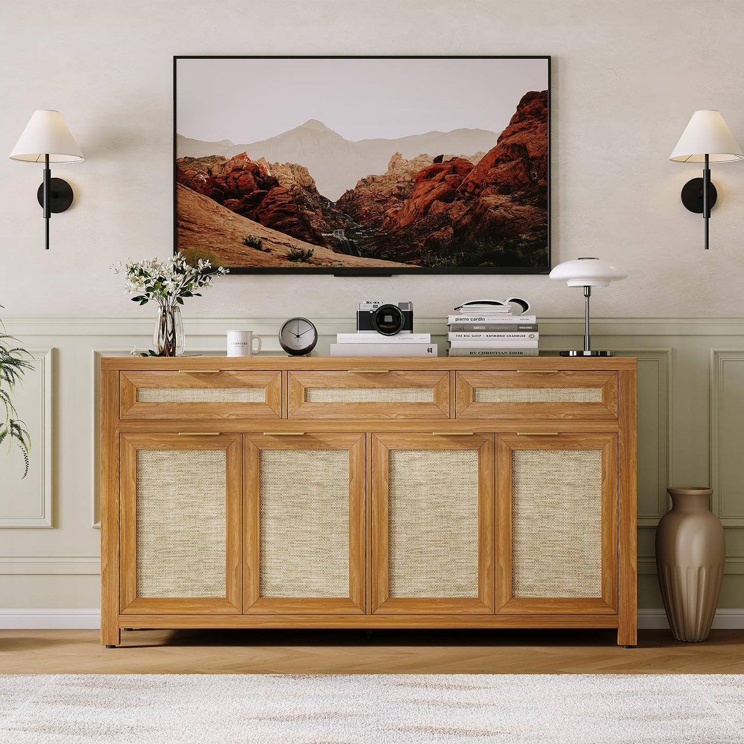 IDEALHOUSE Kitchen Sideboard Buffet Cabinet with Storage, 63in Large Farmhouse Wood Coffee Bar Credenza Cabinet with 3 Drawers and 4 Doors Adjustable Shelves for Living Room, Deep Oak