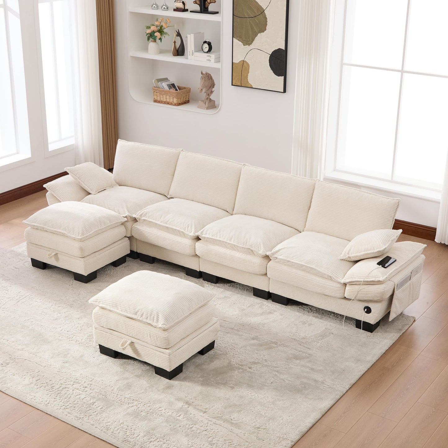 130" Oversized Modular Cloud Sectional Sofa Convertible U/L Shaped Couch Sets for Living Room - 6 Seater Corduroy Cloud Cushion Couches with Storage Ottomans and Pillow Armrest