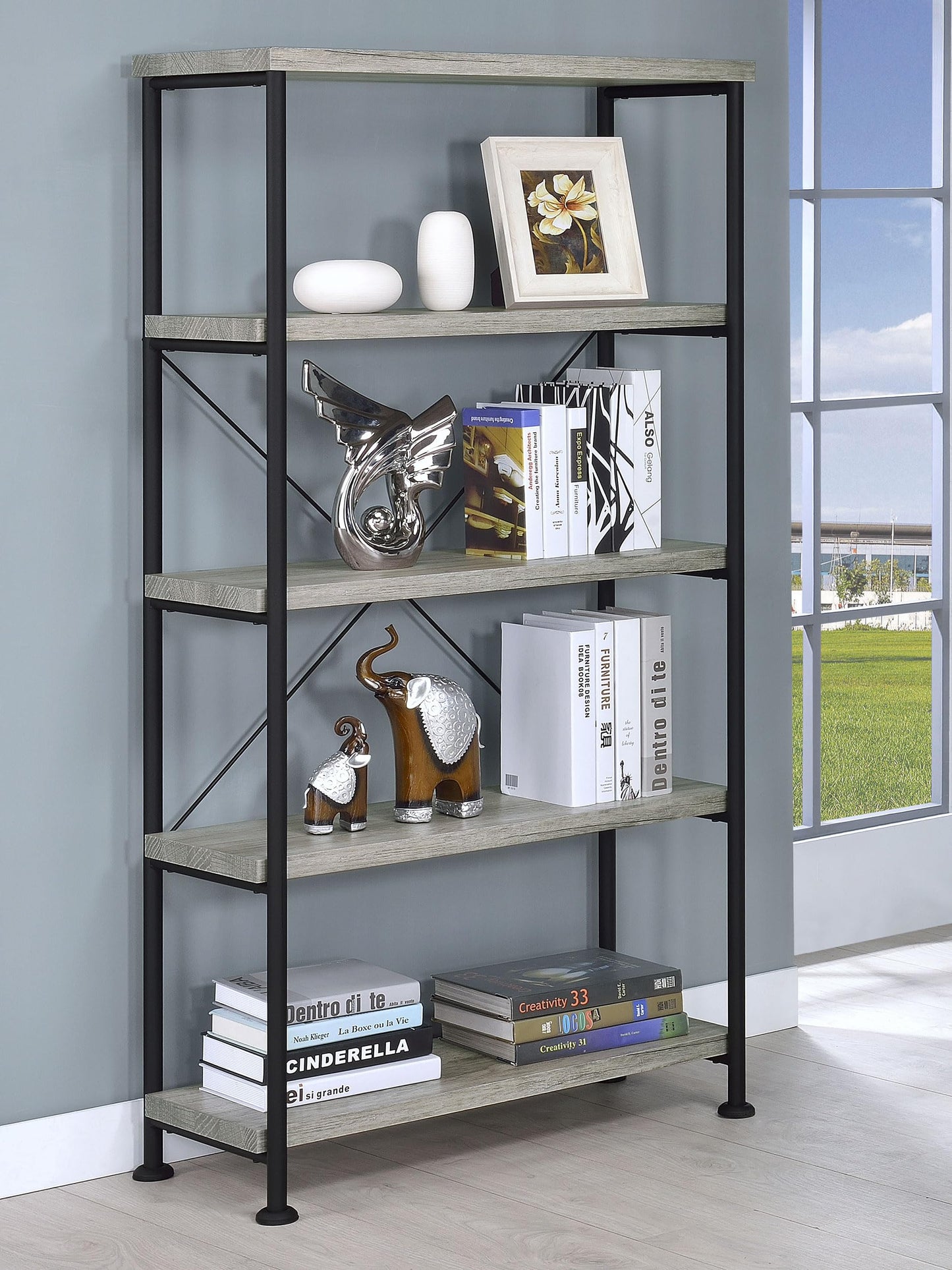 Coaster Home Furnishings Analiese Rustic Industrial 4-Tier Bookcase Etagere Bookshelf Office Storage Book Shelf Engineered Eco-Friendly Wood Look Laminate Sturdy Black Steel Base Grey Driftwood 801546