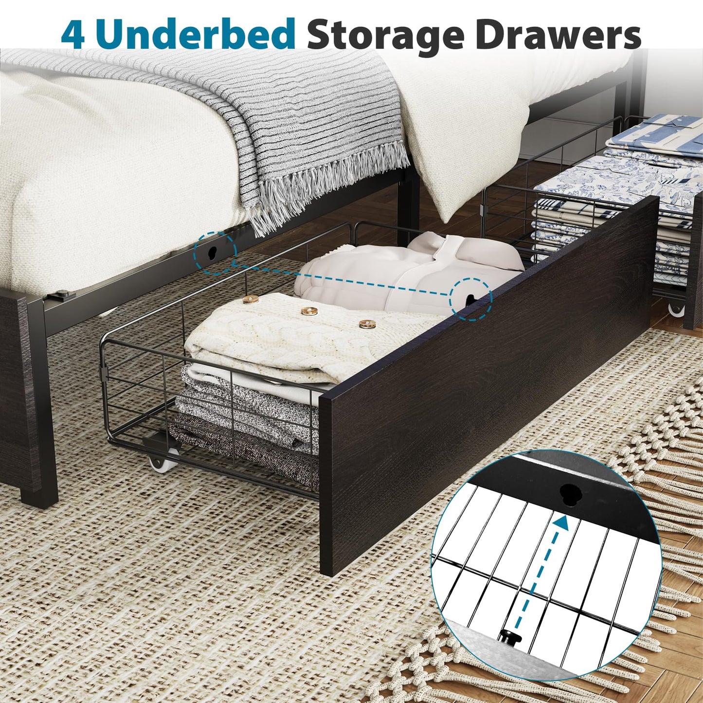 Kiivakii Queen Size Bed Frame with 4 Storage Drawers, LED Platform Bed with Headboard, Built in Charging Station, Noise-Free, Metal Support Base, No Box Spring Needed, Black