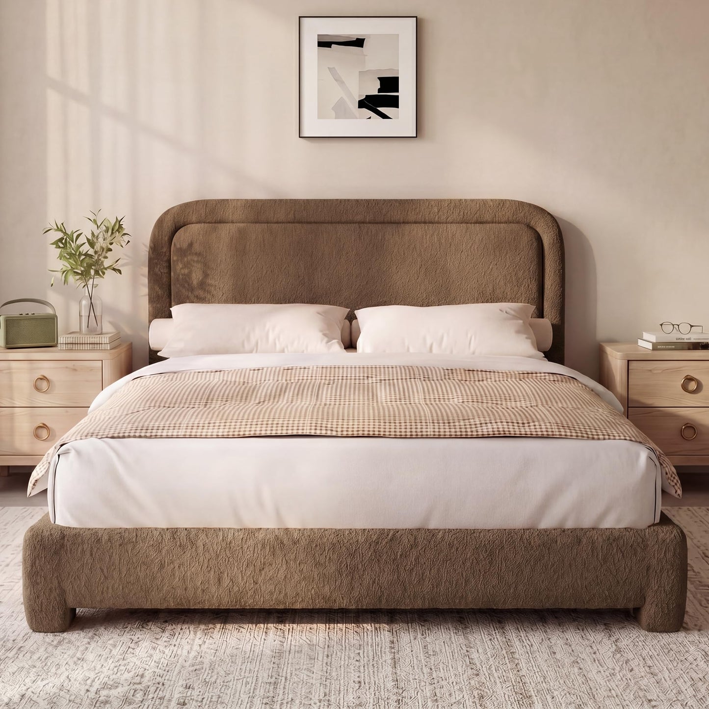Vipbear Boucle King Size Bed Frame with Adjustable Headboard, Upholstered Cloud Platform Bed Frame with Wood Slats, Noise-Free King Bed, No Box Spring Required, Easy Assembly, Sand Brown