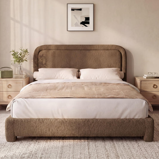 Vipbear Boucle King Size Bed Frame with Adjustable Headboard, Upholstered Cloud Platform Bed Frame with Wood Slats, Noise-Free King Bed, No Box Spring Required, Easy Assembly, Sand Brown