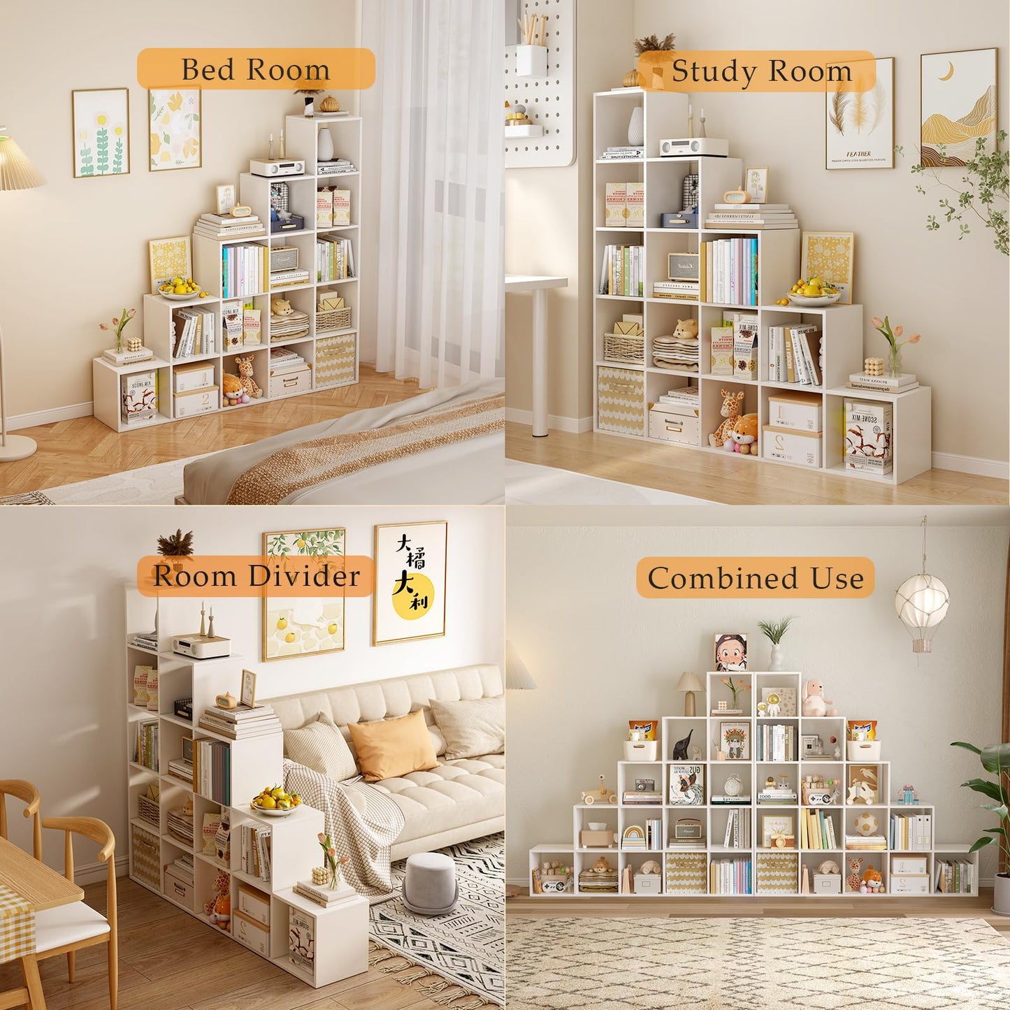 OSCHF Ladder Cube Storage Bookcase - Wooden L-Shaped 5-Tier Corner Shelf, Reversible 15-Cube Organizer for Home & Office, White