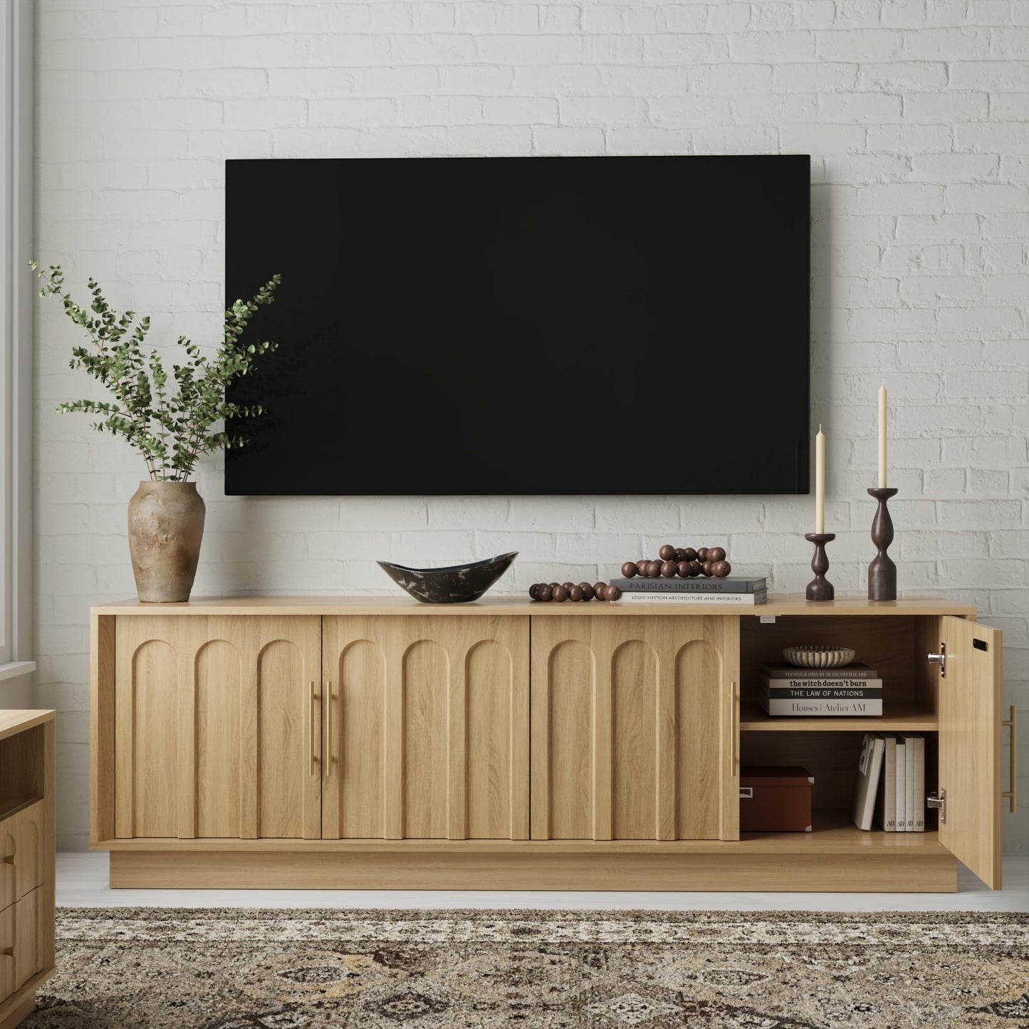 FORTUNETEC TV Stand for 75 Inch TV, Mid Century Modern TV Stand with Arched Design, Wood Grain Finish, Boho Media Console with Adjustable Shelves, 67" Entertainment Center for Living Room Bedroom, Oak