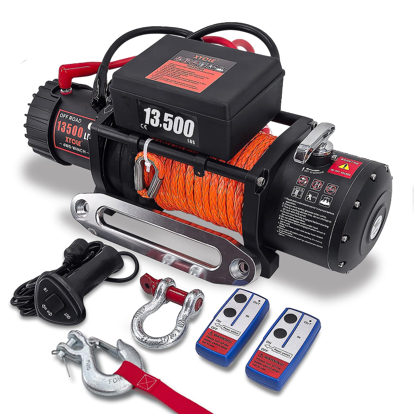 XYCLE Winch13500lbs 12V WaterproofElectric Winch Synthetic Rope Truck Winch Towing Winch Boat Trailer Winch SUV 4-Wheel Drive Off-Road Vehicle with Remote Control 3/8 Synthetic Rope (Dark-Orange)