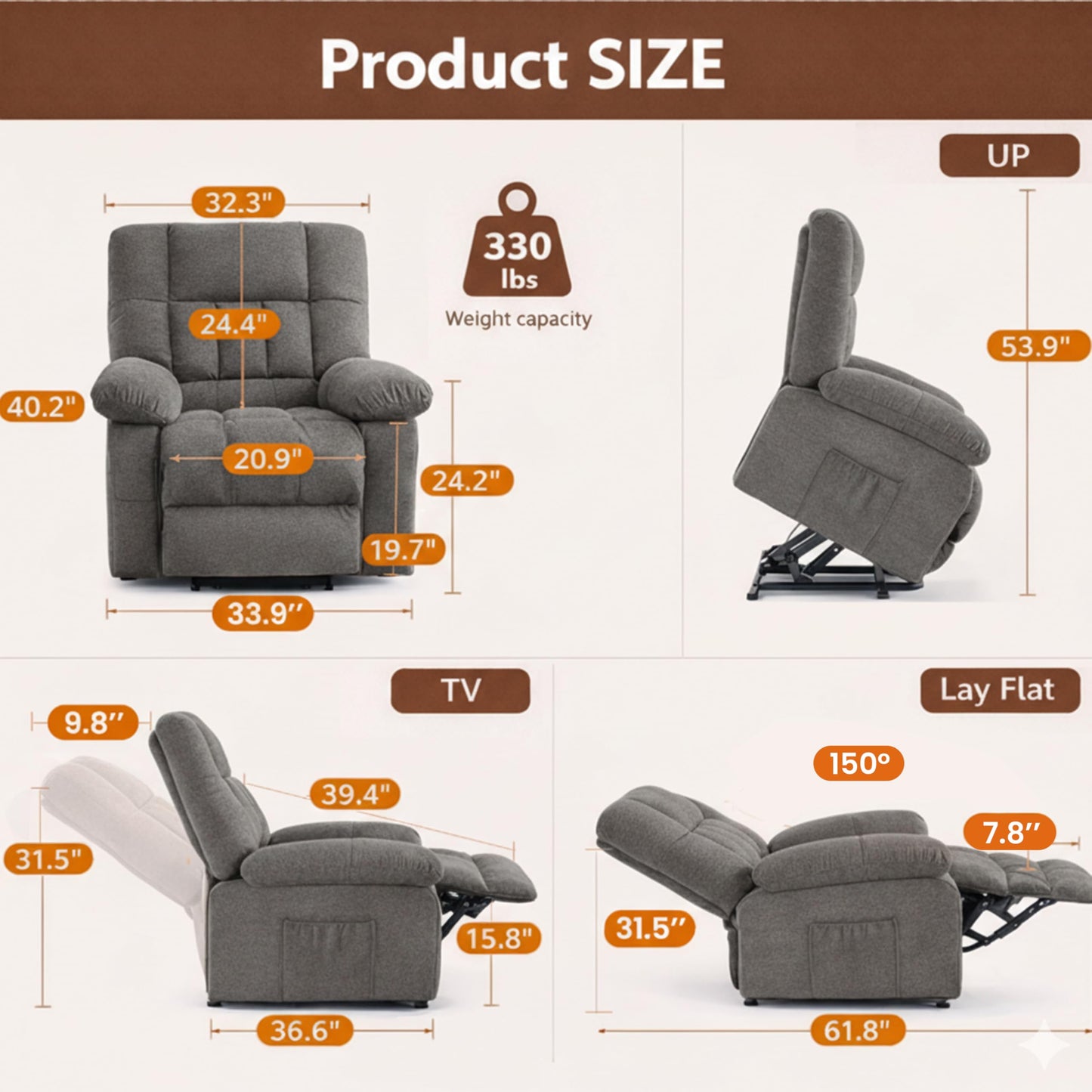 HealSmart Power Lift Recliner Chair with Massage & Heat, Overstuffed Fabric Reclining Chair with Remote, Side Pockets for Living Room & Bedroom, Grey