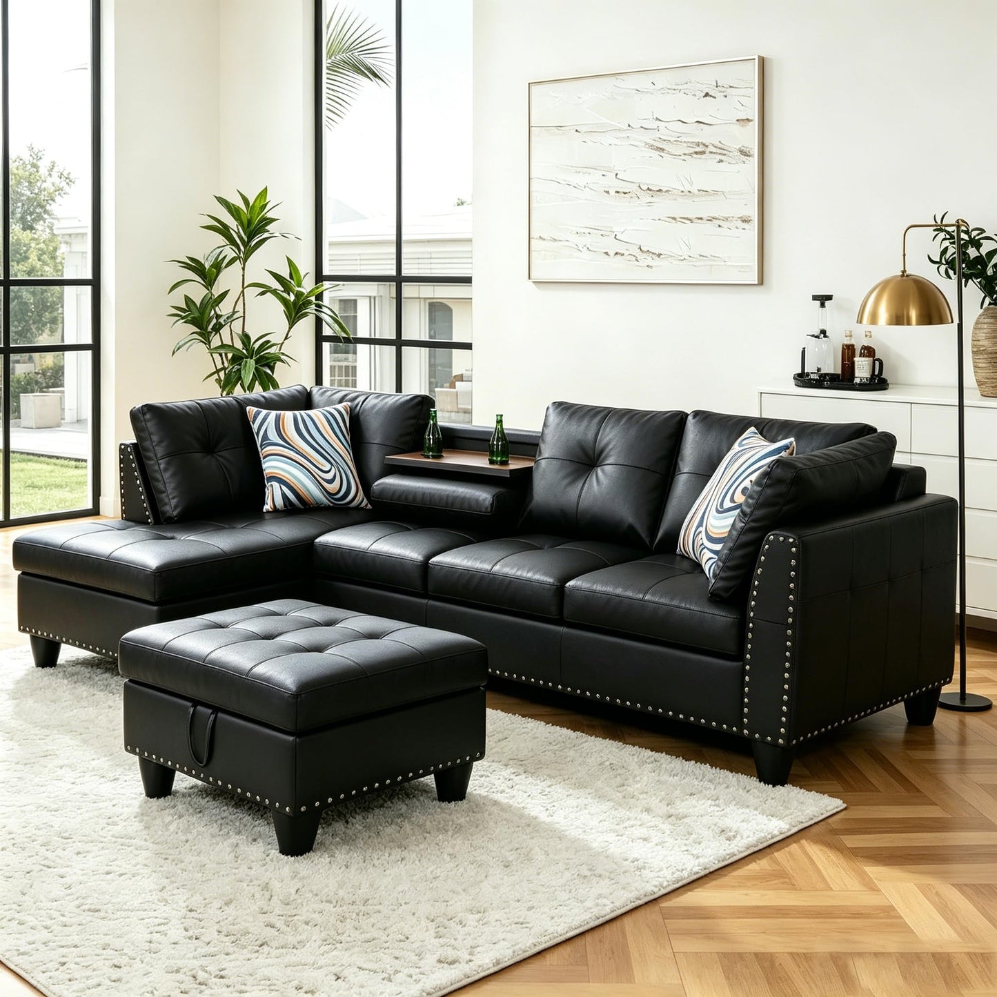 Trygoal 97.5" Leather L Shaped Couch with Left Chaise & Cup Holder, Sectional Sofas Modular Furniture Set with Storage Ottoman, Convertible Couches for Living Room, Small Space & Office (Black)