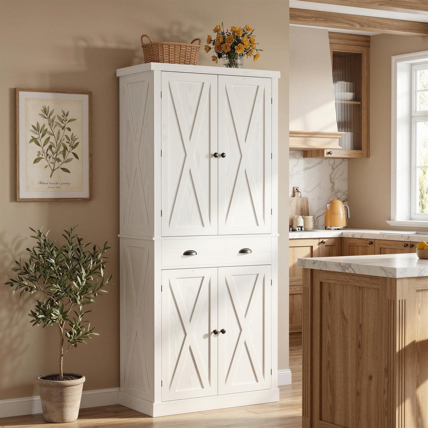 IRONCK 72.6" Tall Farmhouse Kitchen Pantry with Drawer and Adjustable Shelves, Freestanding Storage Cabinet with X-Design Doors, Large Floor Cupboard for Kitchen, Dining Room, White