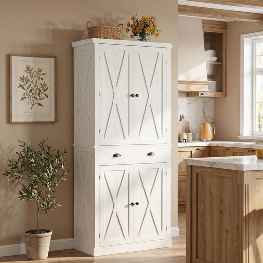 IRONCK 72.6" Tall Farmhouse Kitchen Pantry with Drawer and Adjustable Shelves, Freestanding Storage Cabinet with X-Design Doors, Large Floor Cupboard for Kitchen, Dining Room, White