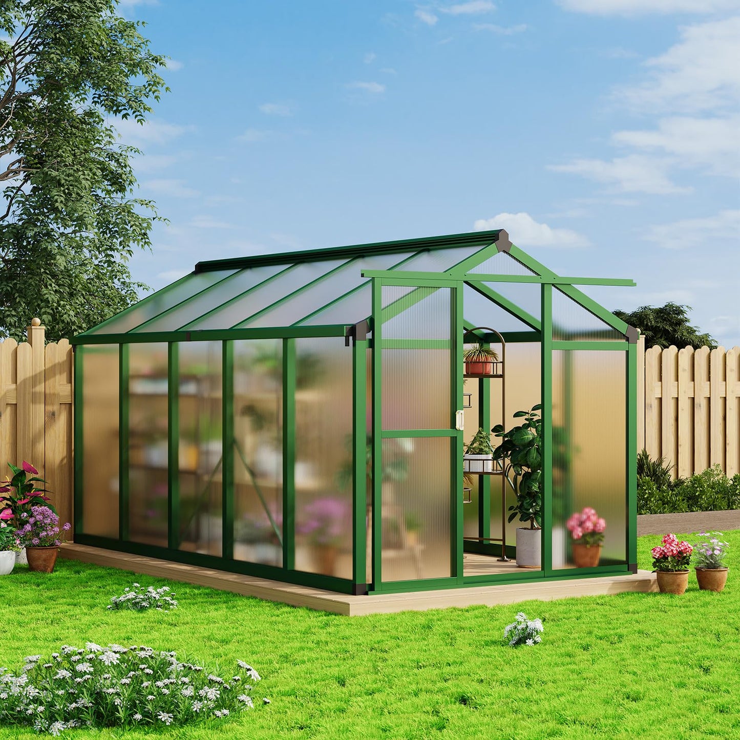 Towallmark 6x10 ft Walk-in Greenhouse with Roof Vent, Aluminum Frame & Polycarbonate Panels, Outdoor Heavy-Duty Garden House for Backyard, Patio, Winter Plant Protection