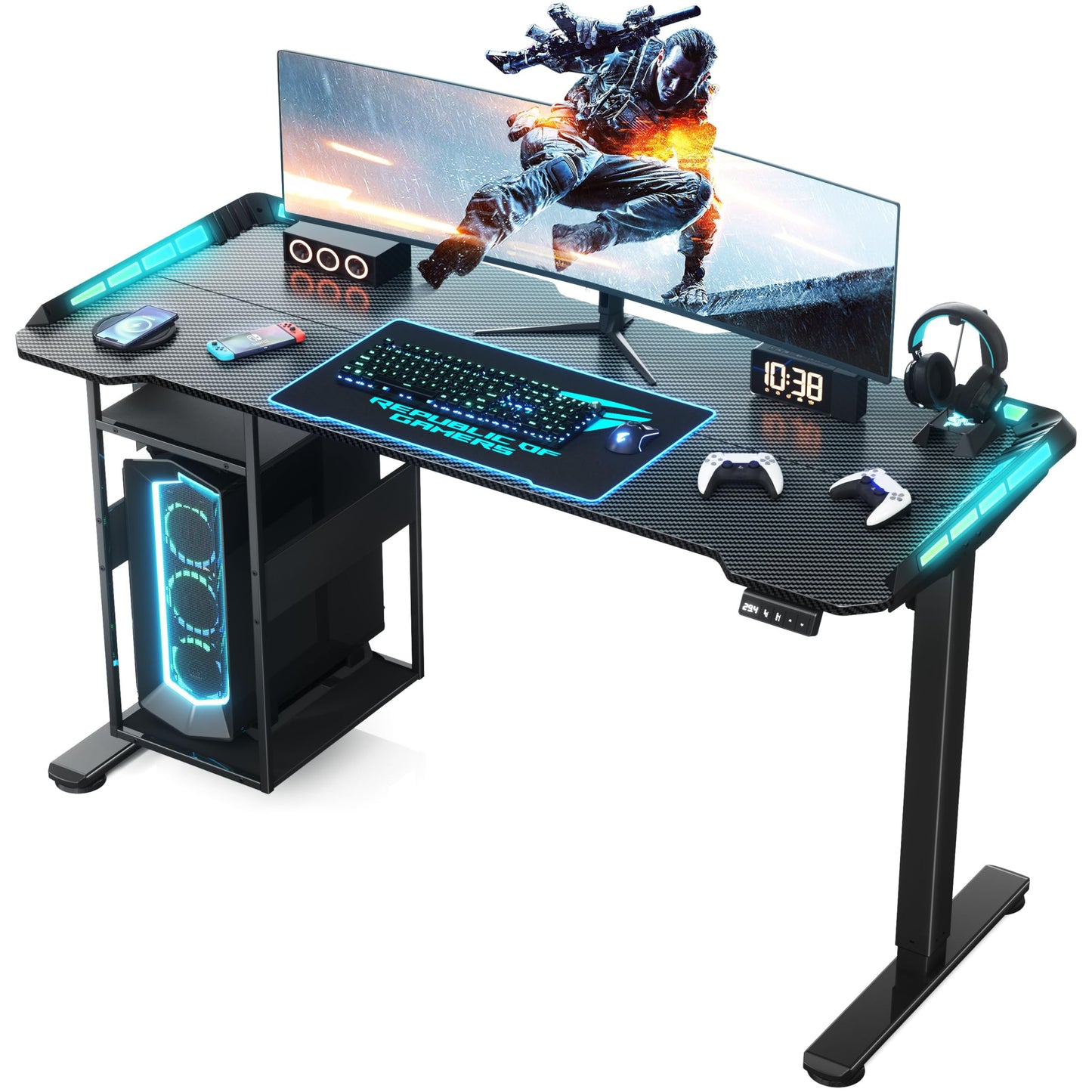 Gaming Standing Desk with LED Lights & Host Shelf, 55" x 24" Gaming Table with Music Sensing APP Control, Underdesk Cable Storage Electric Standing Desk, Black Carbon Fiber PC Table for Home Office