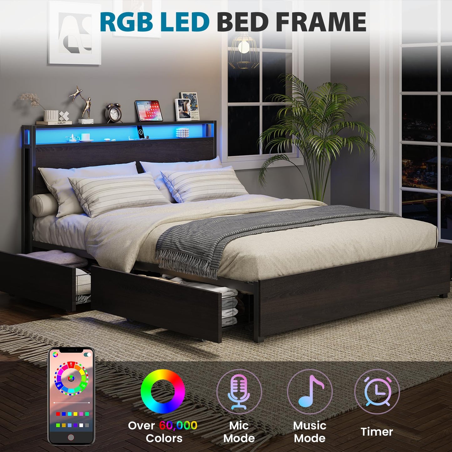 Kiivakii Queen Size Bed Frame with 4 Storage Drawers, LED Platform Bed with Headboard, Built in Charging Station, Noise-Free, Metal Support Base, No Box Spring Needed, Black