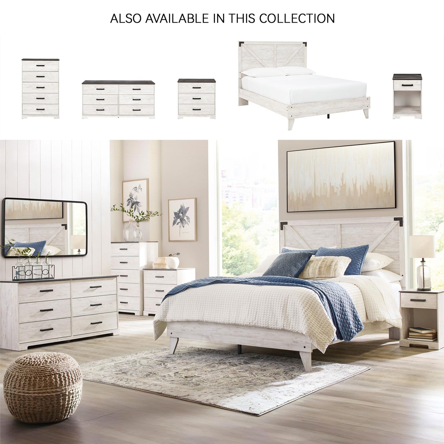 Signature Design by Ashley Shawburn Rustic 5 Drawer Chest of Smooth-Gliding Drawers and Safety Stop, White & Gray