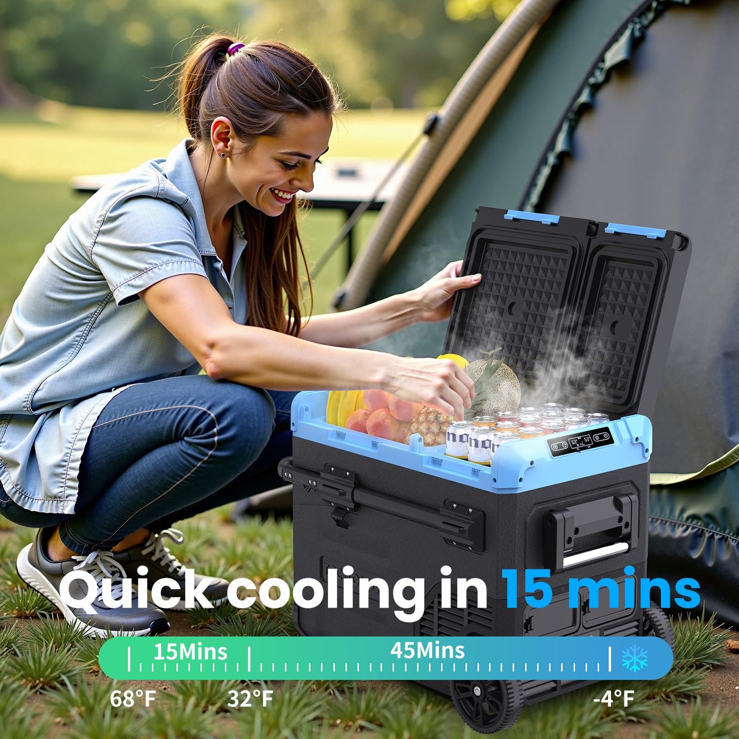 Tecnolove 45L Dual Zone Car Refrigerator Freezer, -4℉~68℉, 48Qt Compressor Cooler with Reversible Door, Metal Handle, Dual Battery Slot, 100–240V AC / 12V / 24V DC Powered, LED Light – Ice Blue