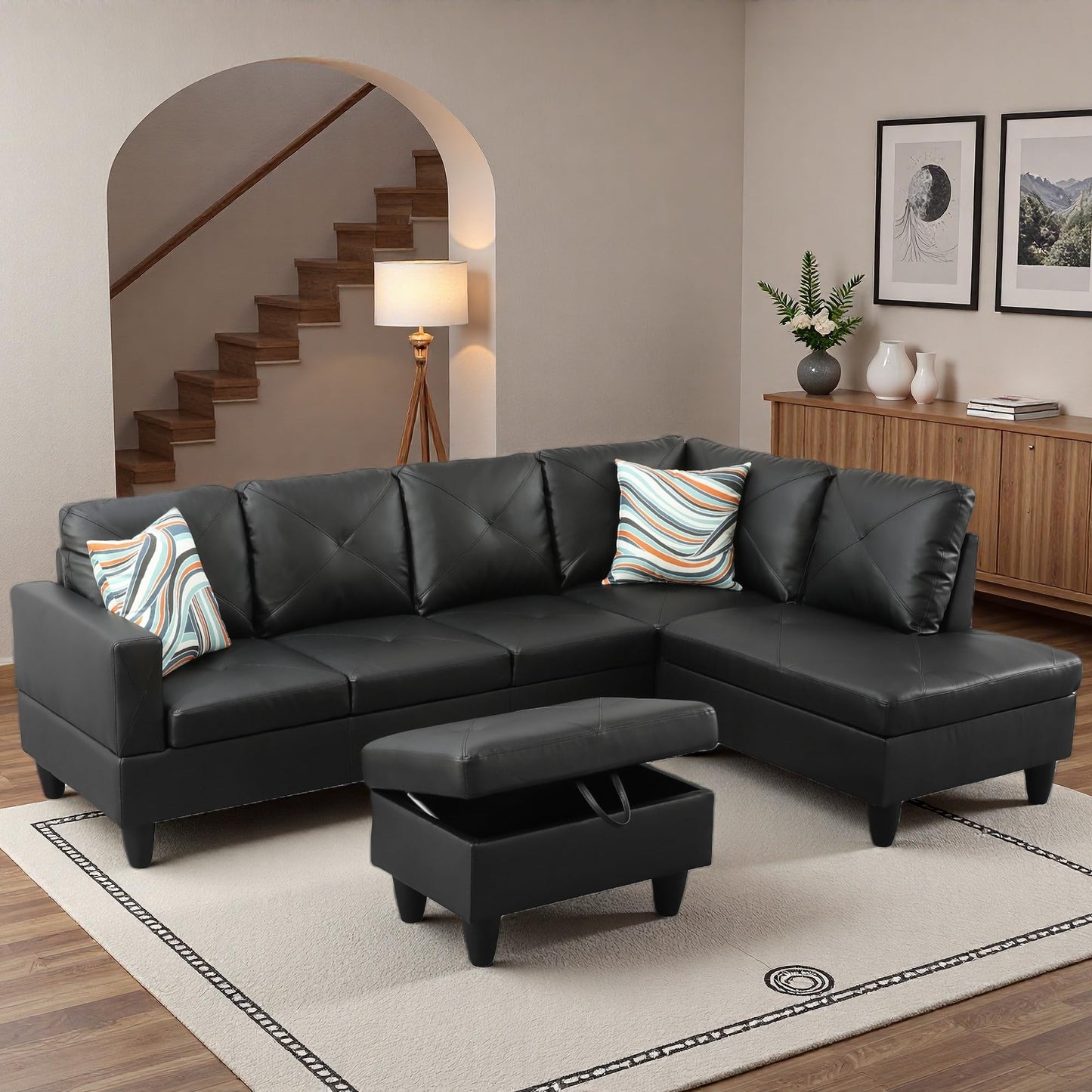Topcomfy 97.5" L Shaped Couch Set, Modular Sectional Couches for Living Room with Storage Ottoman, 4 Seat Home Sofa Living Room Furniture Sets with Chaise for Apartment Office (Faux Leather, Black)