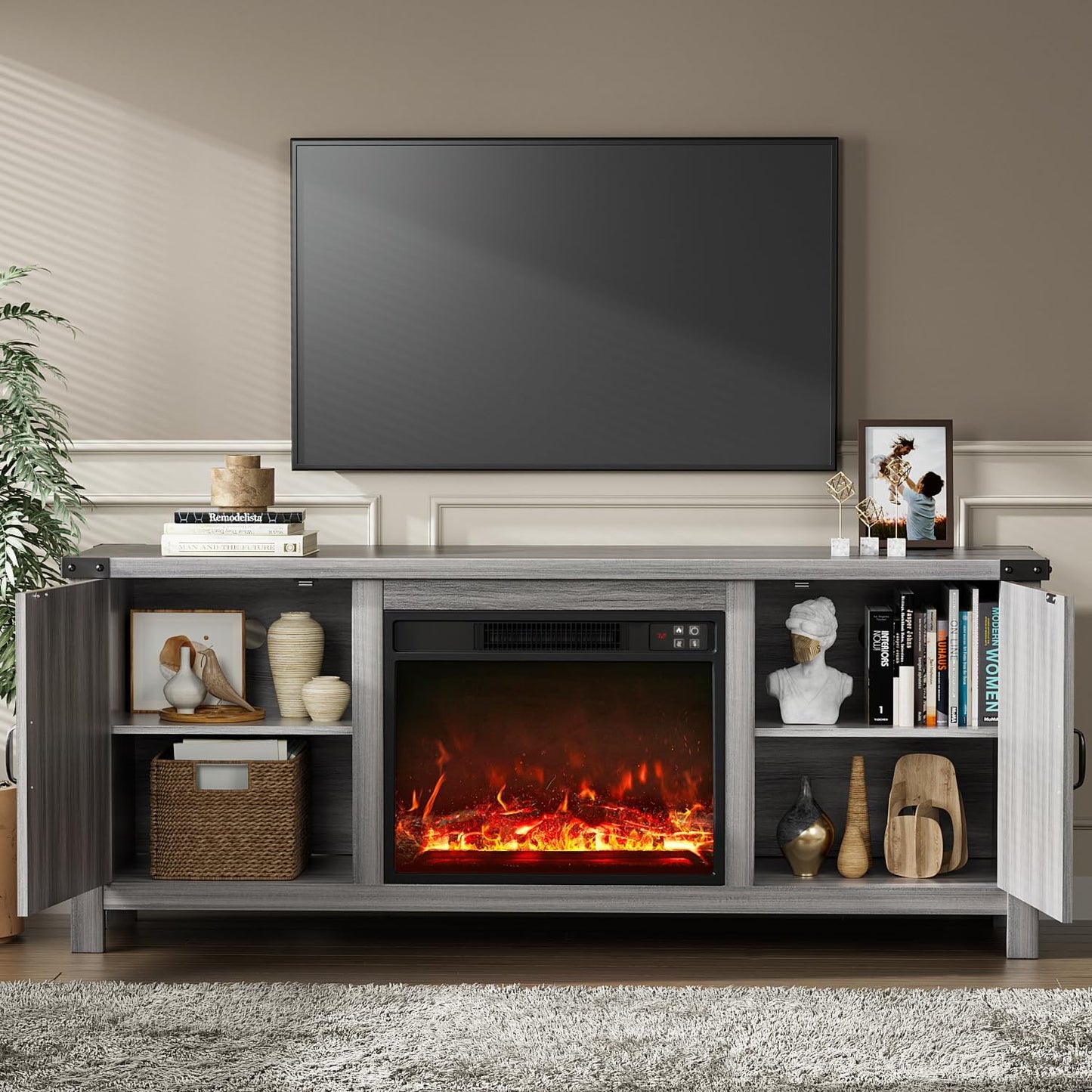 YESHOMY Fireplace TV Stand with Two Barn Doors and Storage Cabinets for Televisions up to 65+ Inch, Entertainment Center Console Table, Media Furniture for Living Room, 58 Inch, Gray